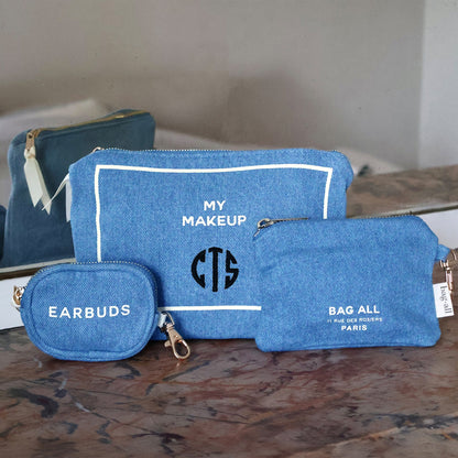 Bag-all denim 3-pack handbag organizer set for cosmetics earbuds and essentials stylish and practical storage solution