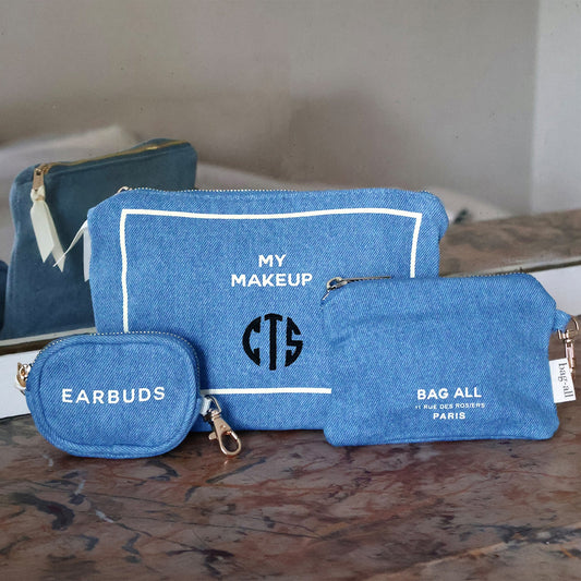 Bag-all denim 3-pack handbag organizer set for cosmetics earbuds and essentials stylish and practical storage solution