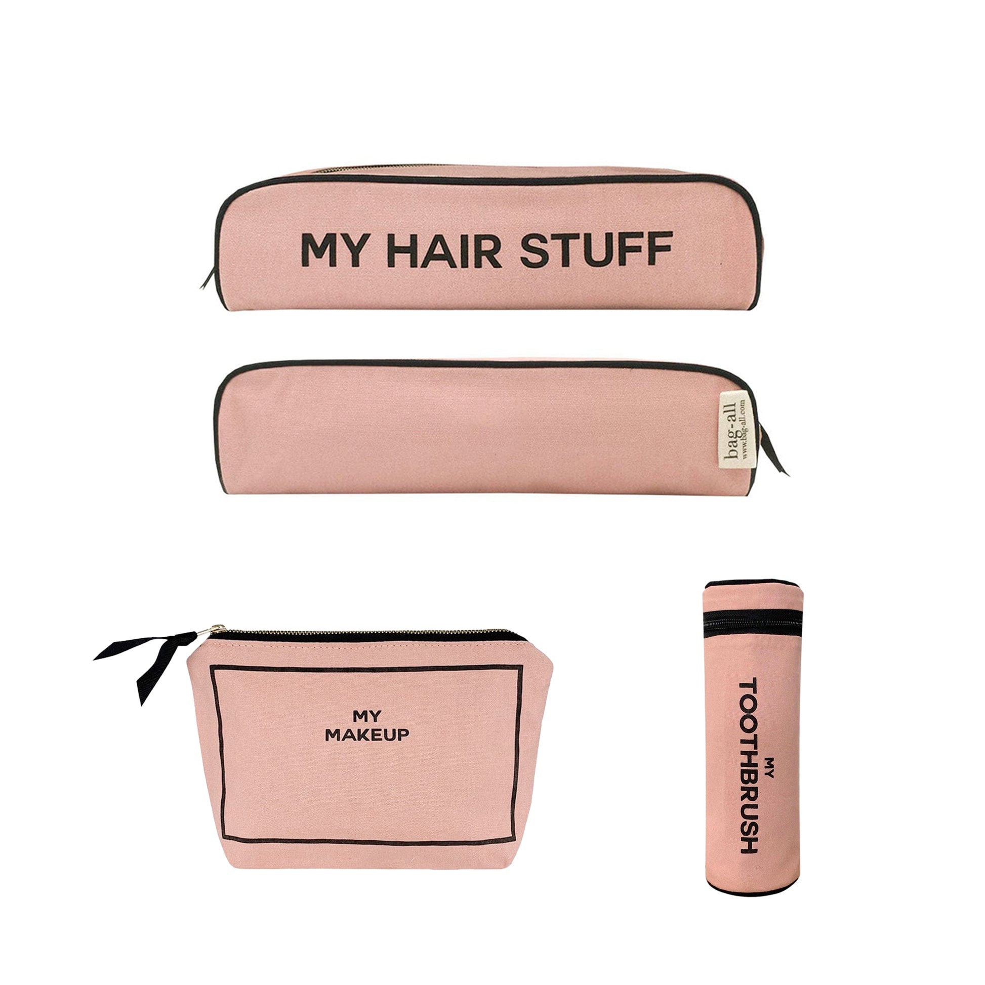 Bag-all pink blush 3-pack organizers labeled My Hair Stuff, My Makeup, and My Toothbrush for stylish daily use