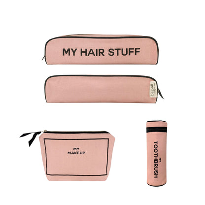Bag-all pink blush 3-pack organizers labeled My Hair Stuff, My Makeup, and My Toothbrush for stylish daily use