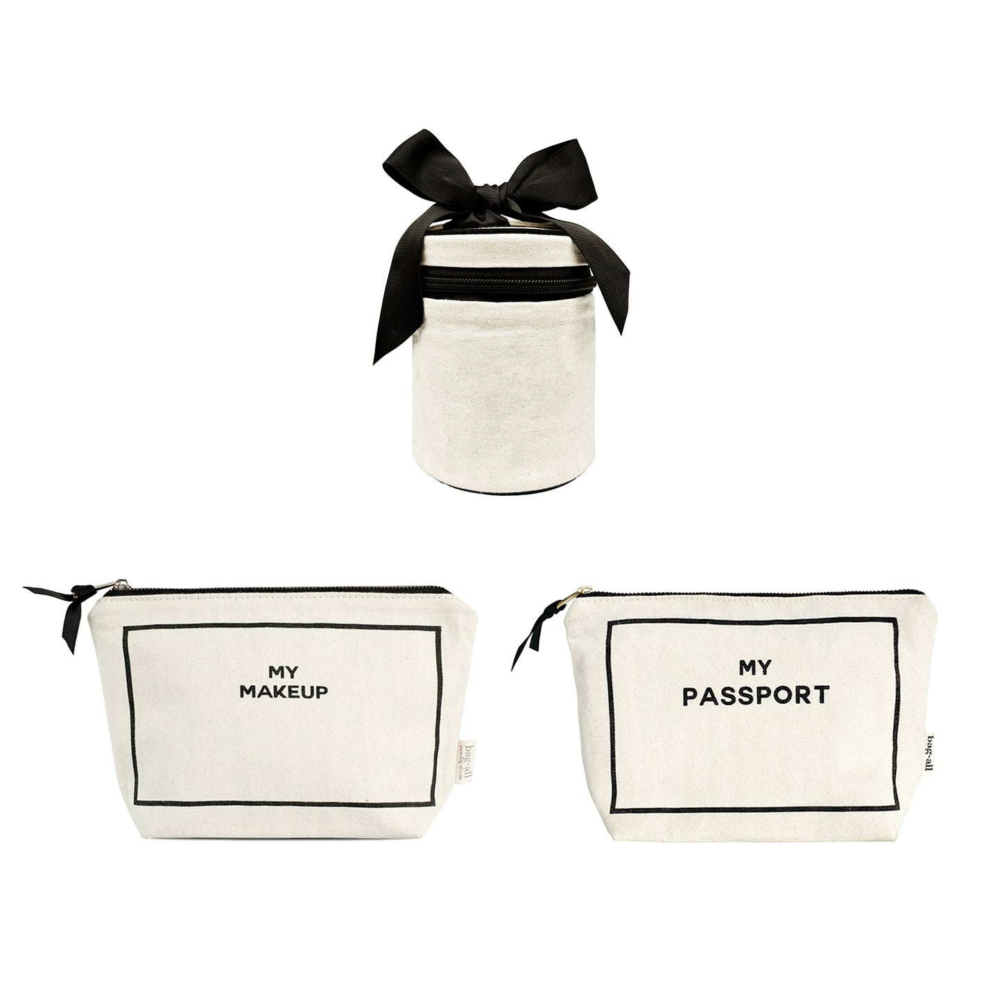 Bag-all Carry On Essentials 3-pack set with cream passport, liquid, and makeup organizers perfect for travel storage