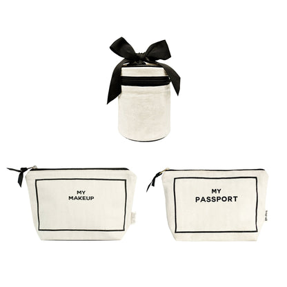 Bag-all Carry On Essentials 3-pack set with cream passport, liquid, and makeup organizers perfect for travel storage