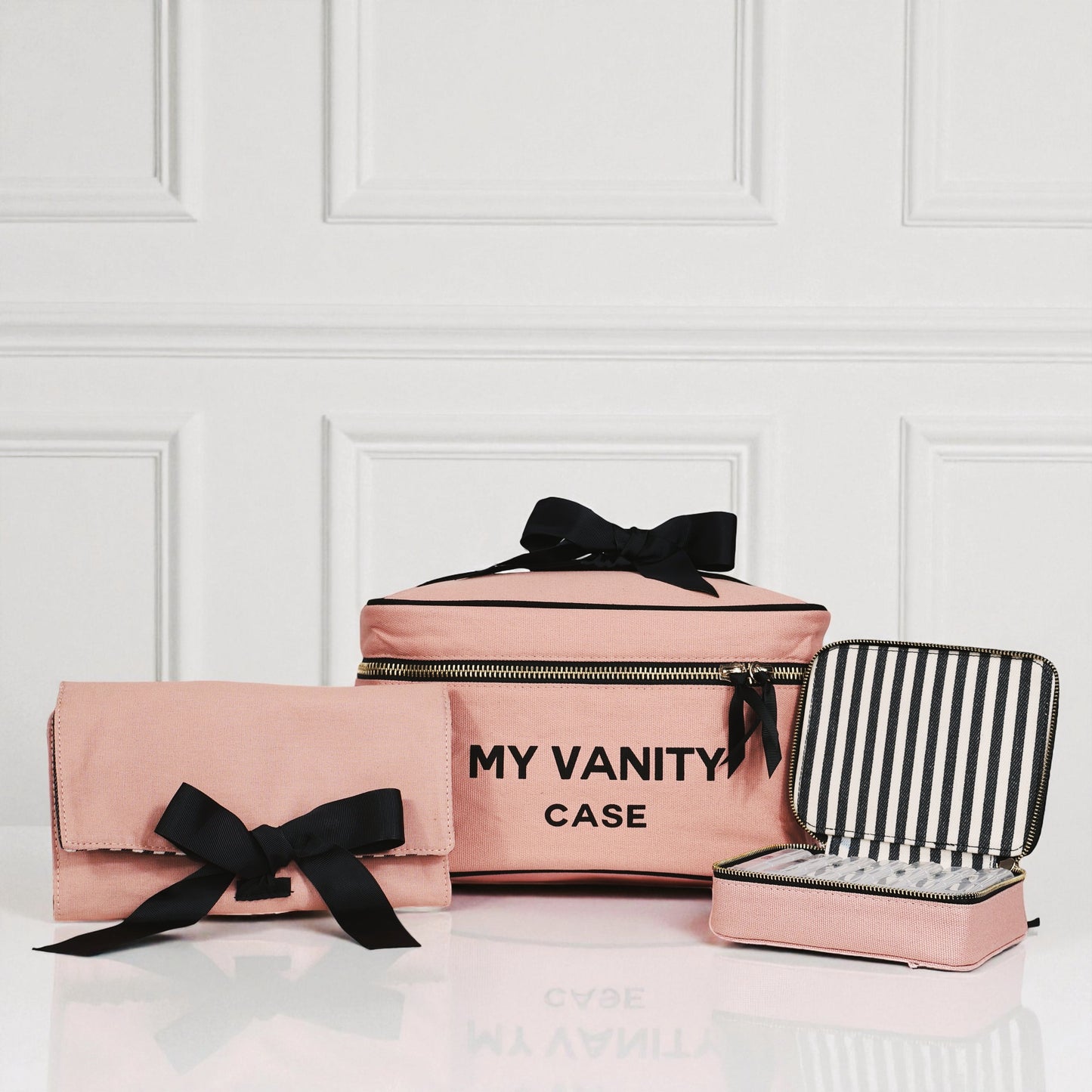 Bag-all signature luxury 3-pack vanity and makeup organizers in pink blush with black bows for stylish storage