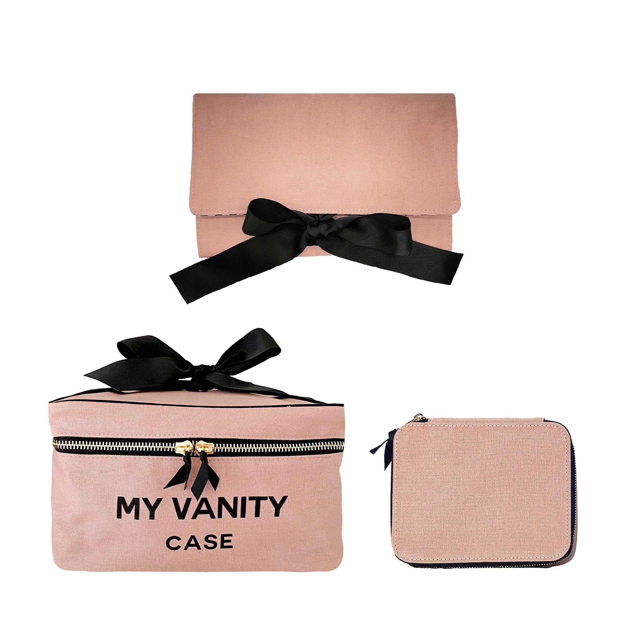 Bag-all Luxury Deal 3-pack organizers in pink blush including vanity case, jewelry pouch, and medicine holder with black ribbons