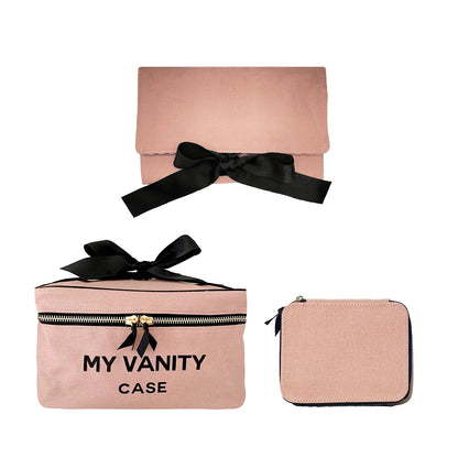 Bag-all Luxury Deal 3-pack organizers in pink blush including vanity case, jewelry pouch, and medicine holder with black ribbons