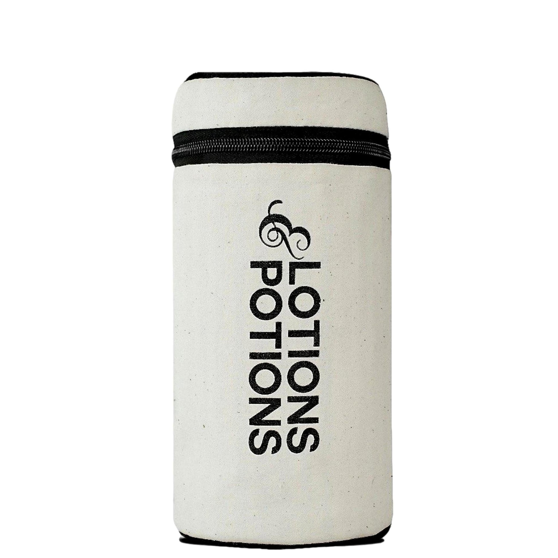 Bag-all Stylish Beach Essentials cream cotton organizer with Lotions & Potions text, featuring black zipper and minimalist design, part of 3-pack beach set