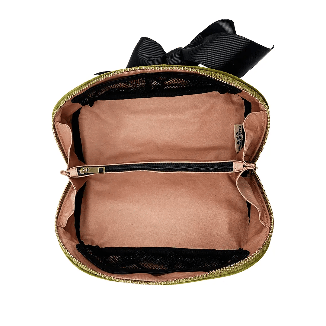 Bag-all Accordion Box Makeup & Toiletry – Eco Velvet – Matcha Green open travel organizer with spacious compartments