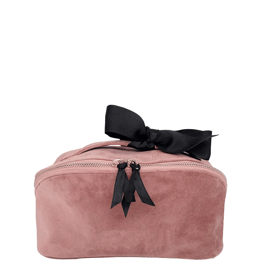 Accordion Box Makeup & Toiletry – Eco Velvet – Blush Pink by Bag-all, blush pink velvet travel organizer with black bow
