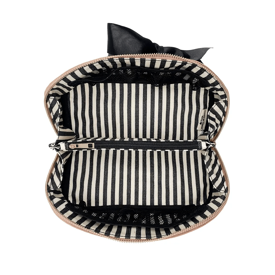 Accordion Box Makeup & Toiletry – Eco Velvet – Blush Pink by Bag-all, open striped organizer for travel and beauty essentials