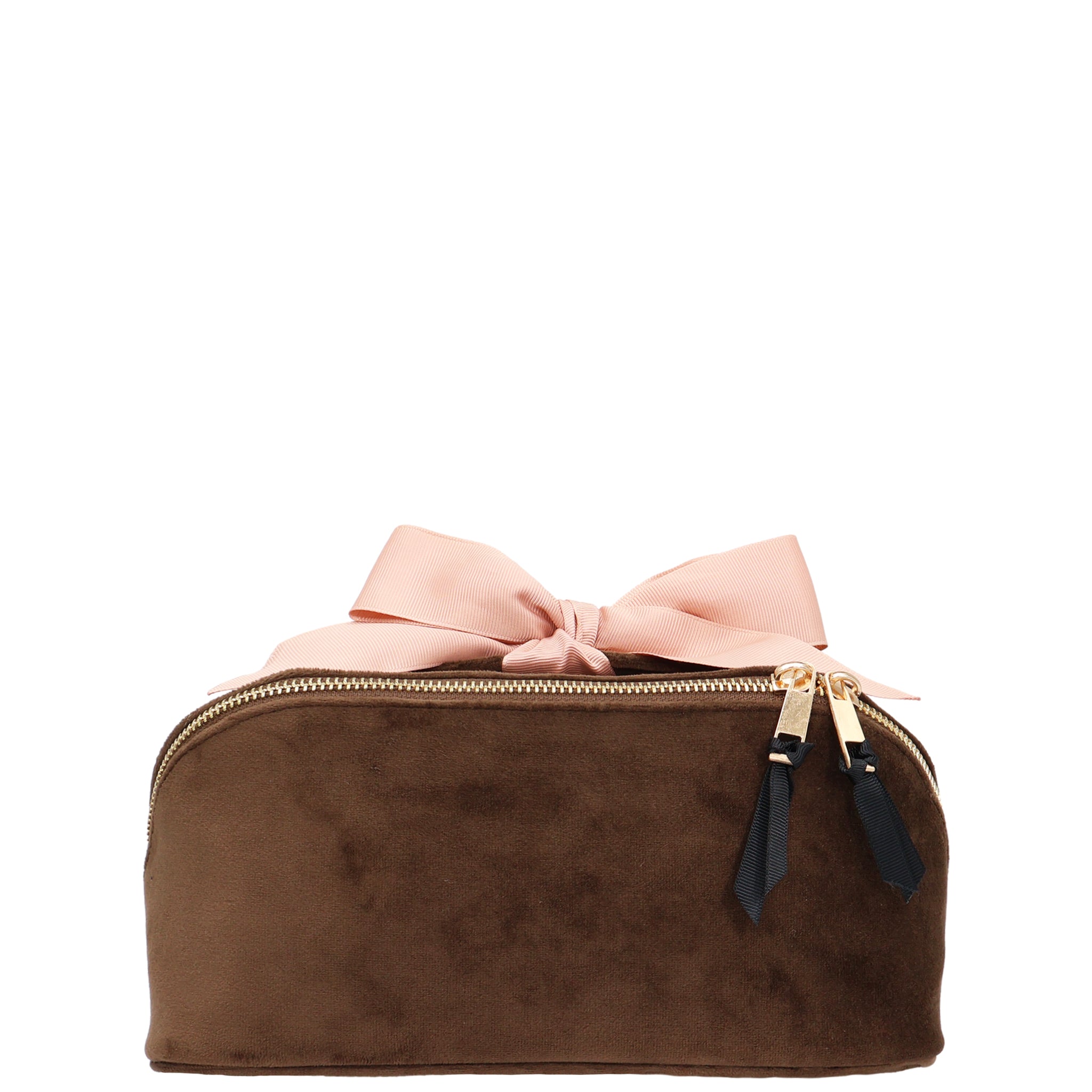 Accordion Box Makeup & Toiletry – Eco Velvet – Espresso Brown featuring soft velvet, gold zipper, pink ribbon, designed for stylish travel organization by Bag-all.