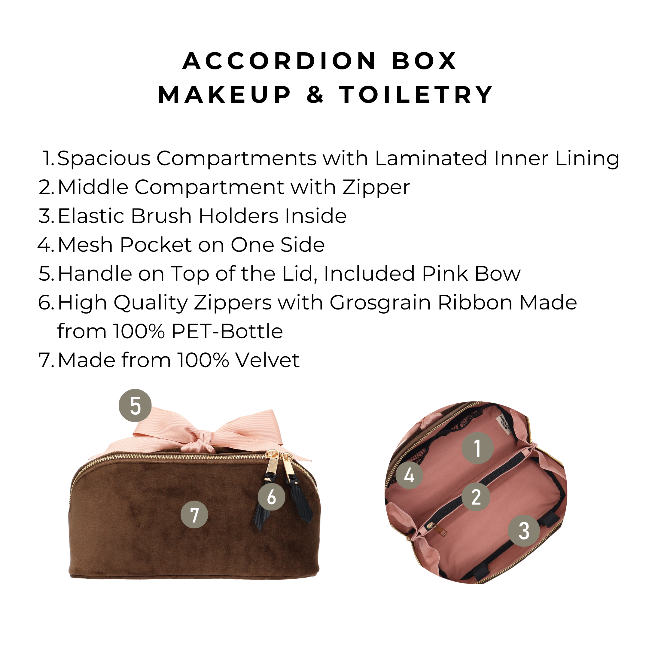 Accordion Box Makeup & Toiletry – Eco Velvet – Espresso Brown with multiple compartments, elastic brush holders, mesh pocket, and durable velvet by Bag-all.