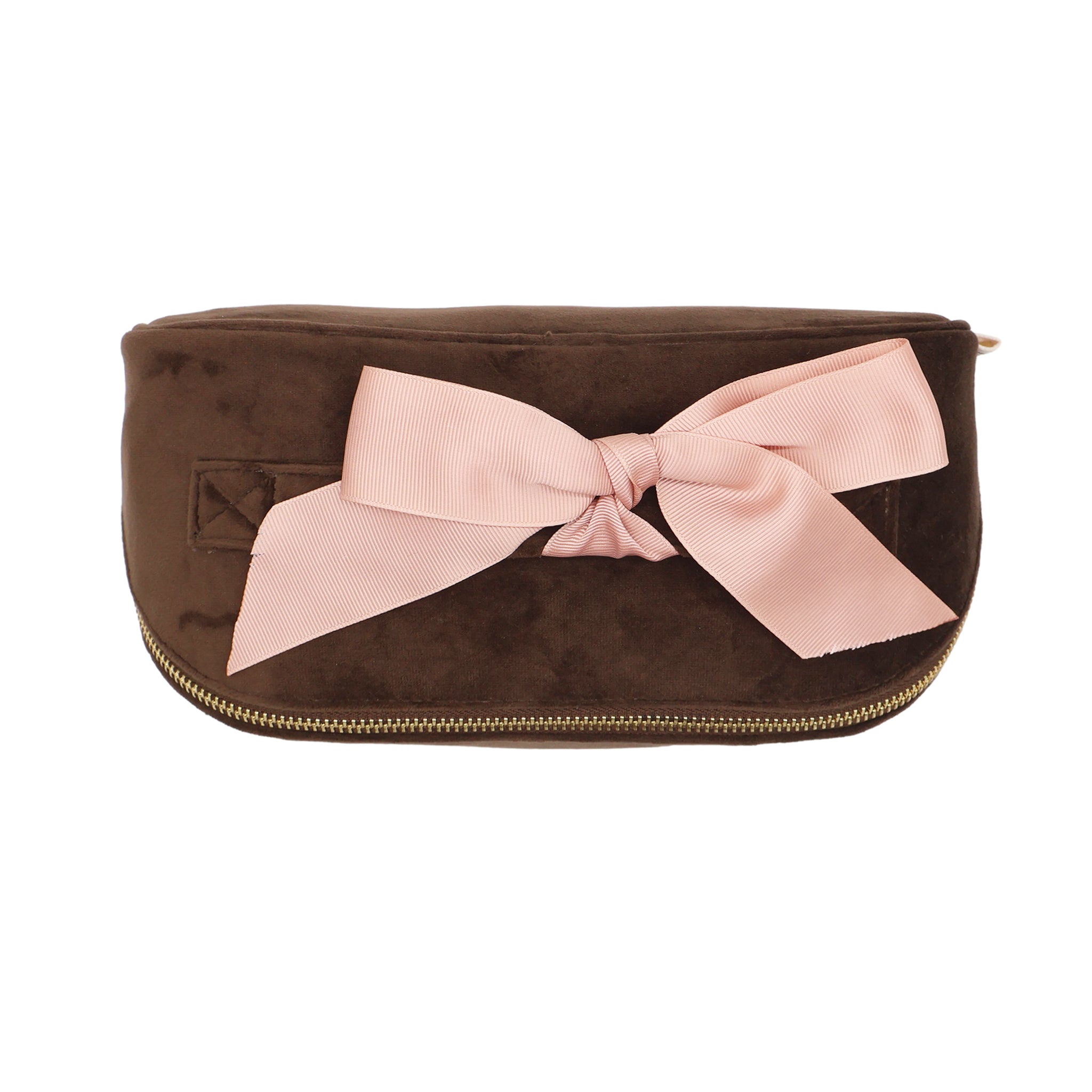 Accordion Box Makeup & Toiletry – Eco Velvet – Espresso Brown with pink grosgrain ribbon and gold zipper, designed by Bag-all for stylish travel organization.
