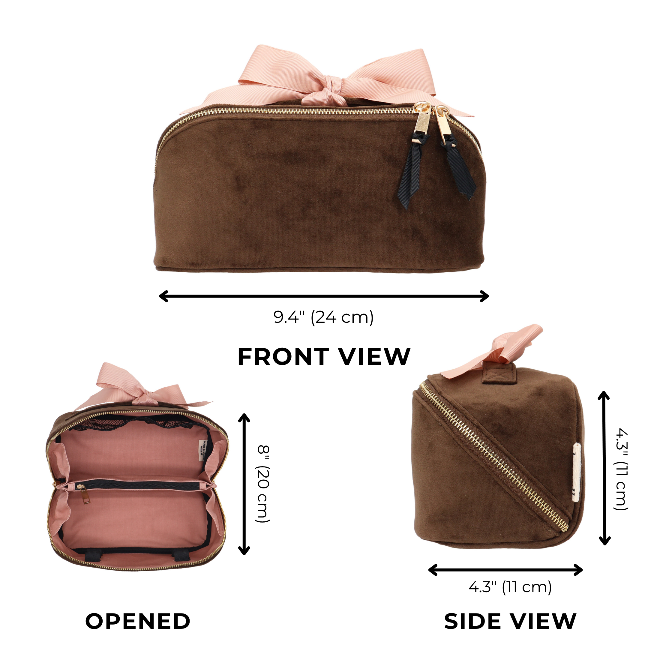 Accordion Box Makeup & Toiletry – Eco Velvet – Espresso Brown with soft velvet exterior, spacious interior, pink details, and gold zipper by Bag-all for travel organization.