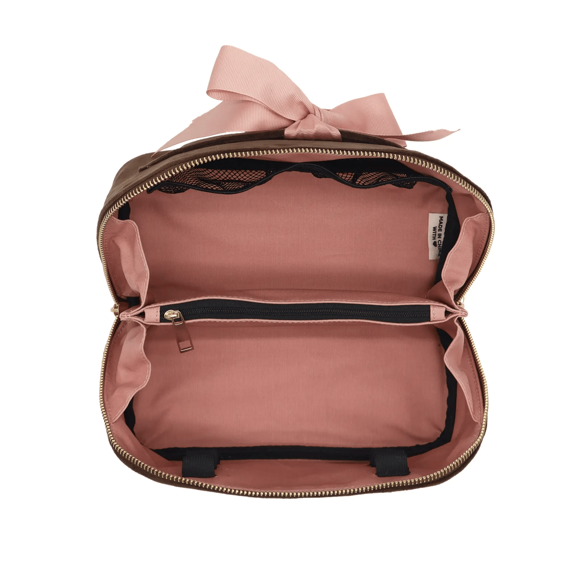 Accordion Box Makeup & Toiletry – Eco Velvet – Espresso Brown with spacious pink interior, zipper pocket, and organized compartments by Bag-all, Paris-designed.