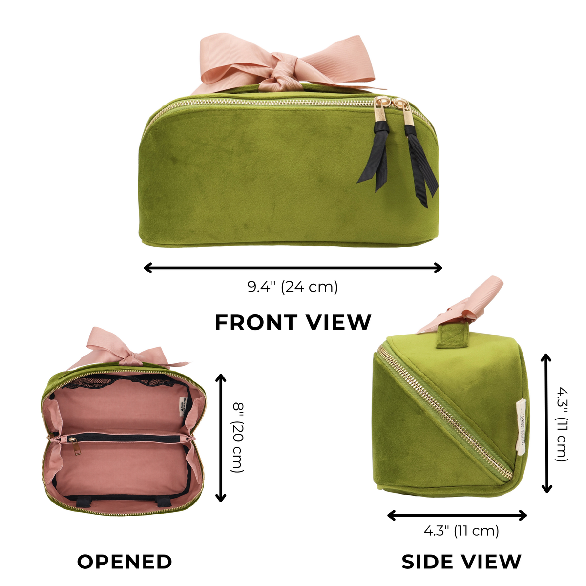 Size guide Accordion Box Makeup & Toiletry – Velvet – Matcha Green Bag-all travel organization 9.4 x 8 x 4.3 in