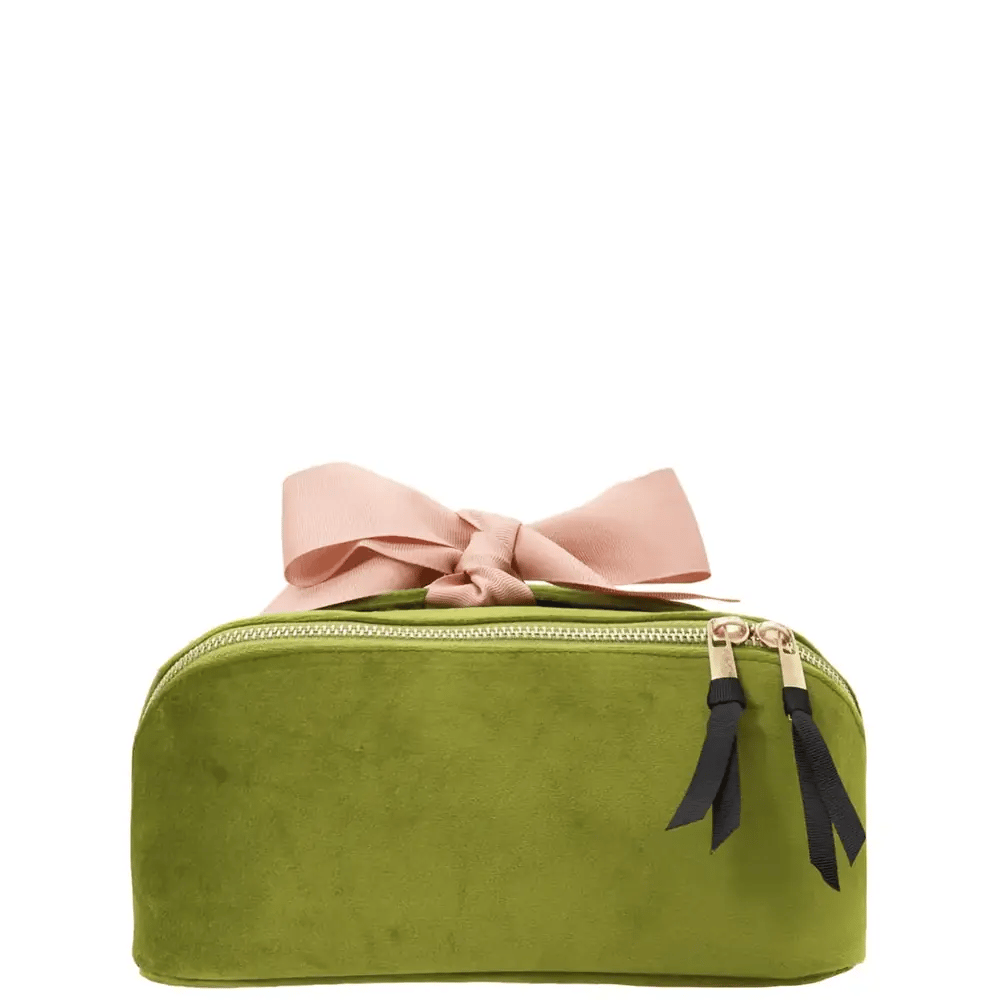 Accordion Box Makeup & Toiletry – Velvet – Matcha Green olive green velvet travel organizer with pink bow by Bag-all