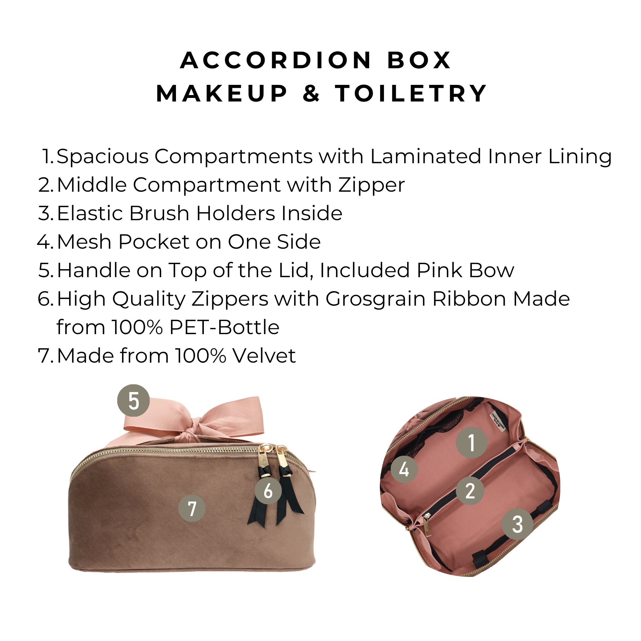 Accordion Box Makeup & Toiletry – Eco Velvet – Latte Taupe with spacious compartments, elastic brush holders, zipper pocket, and pink ribbon by Bag-all, Paris-designed.