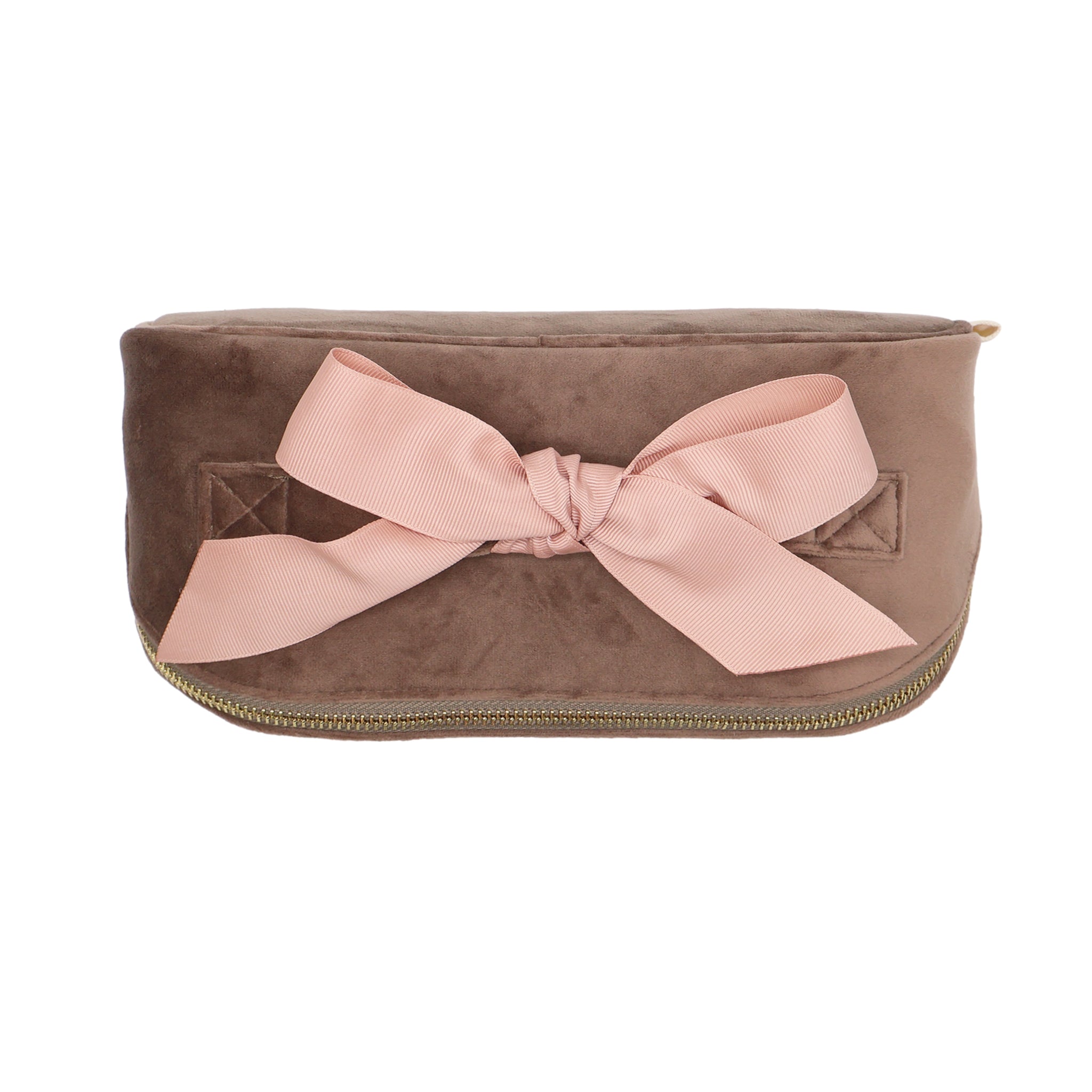 Accordion Box Makeup & Toiletry – Eco Velvet – Latte Taupe with soft velvet texture, pink grosgrain ribbon, and gold zipper for personalized travel organization by Bag-all.