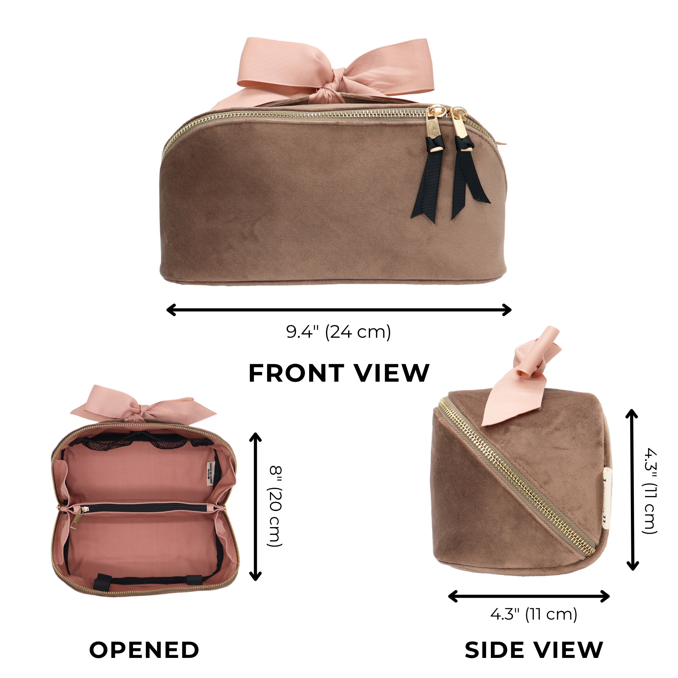 Accordion Box Makeup & Toiletry – Eco Velvet – Latte Taupe with pink ribbon, gold zipper, and spacious interior for stylish personalized travel organization by Bag-all.