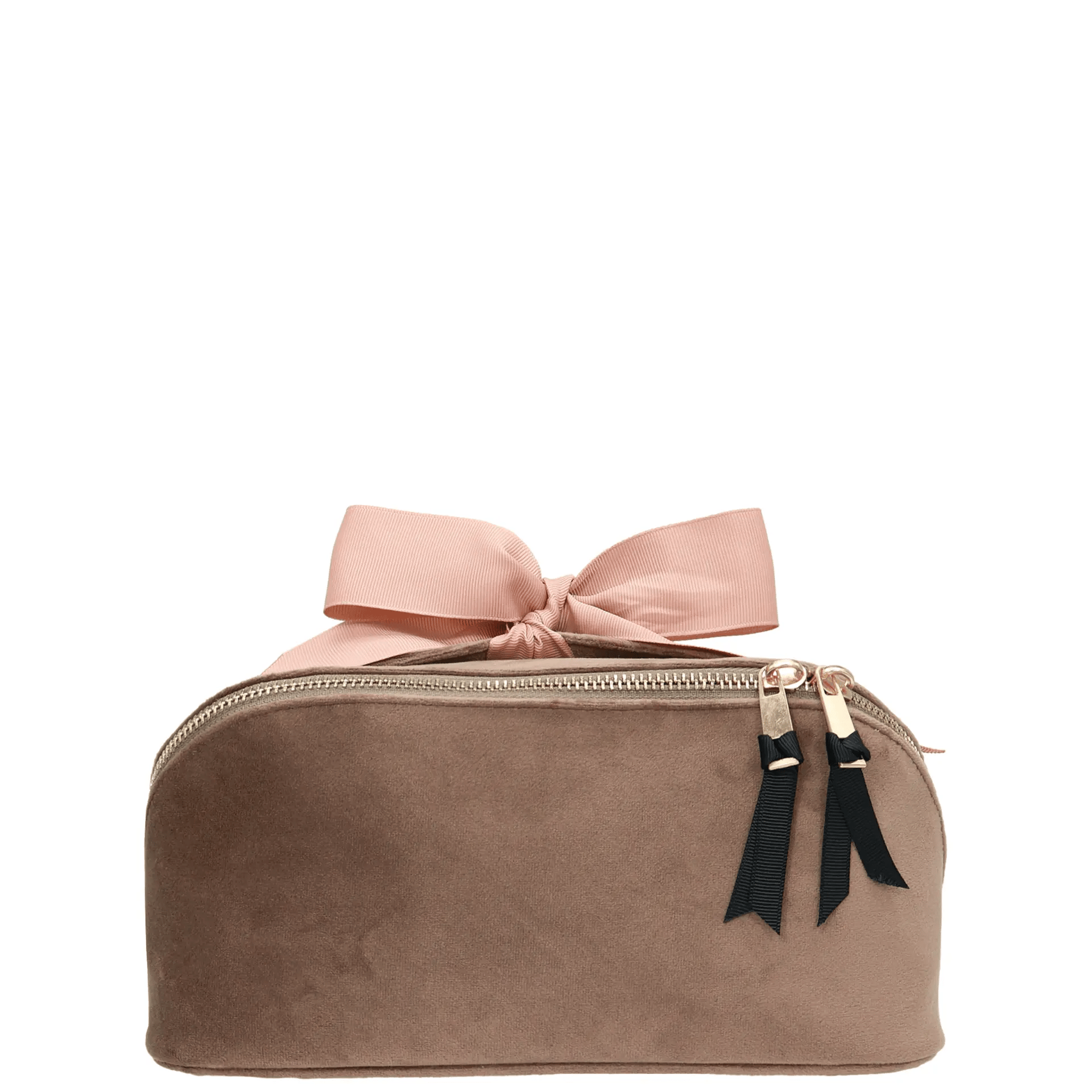 Accordion Box Makeup & Toiletry – Eco Velvet – Latte Taupe with pink ribbon, gold zipper, and velvet texture for stylish travel by Bag-all Paris-designed.