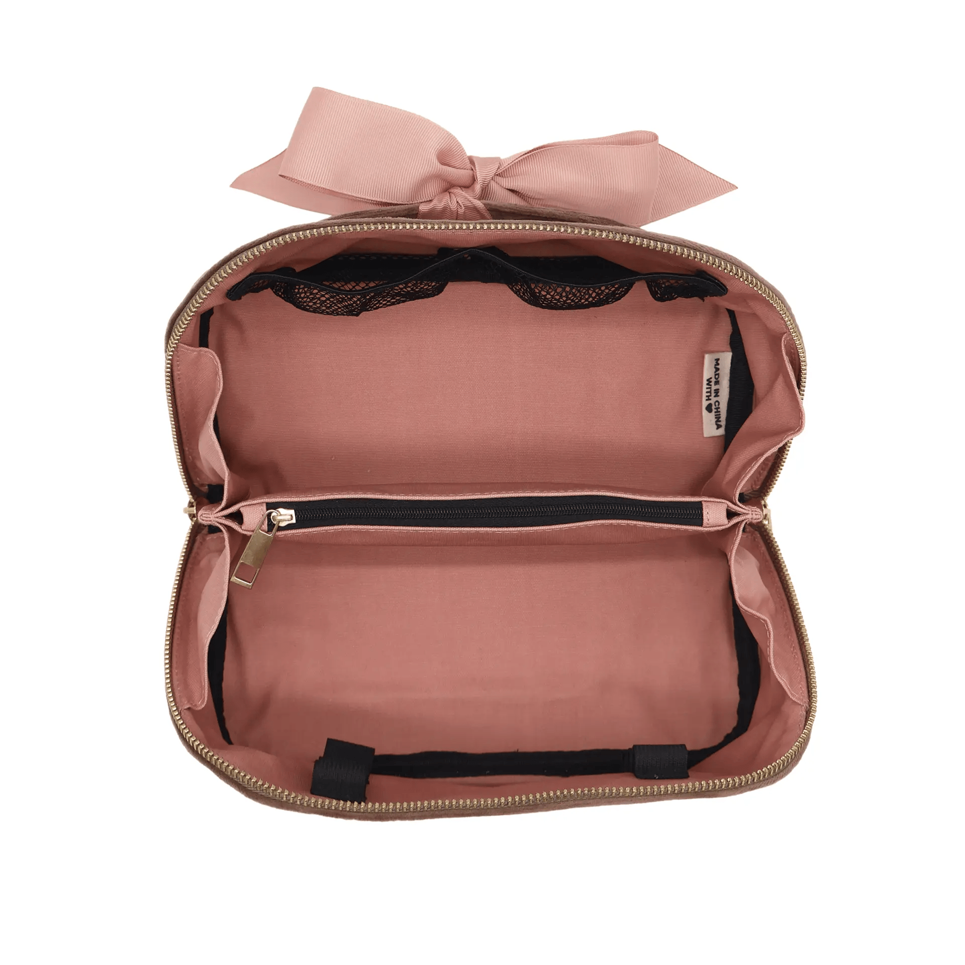 Accordion Box Makeup & Toiletry – Eco Velvet – Latte Taupe with multiple compartments, zipper pocket, and pink ribbon for organized travel by Bag-all.