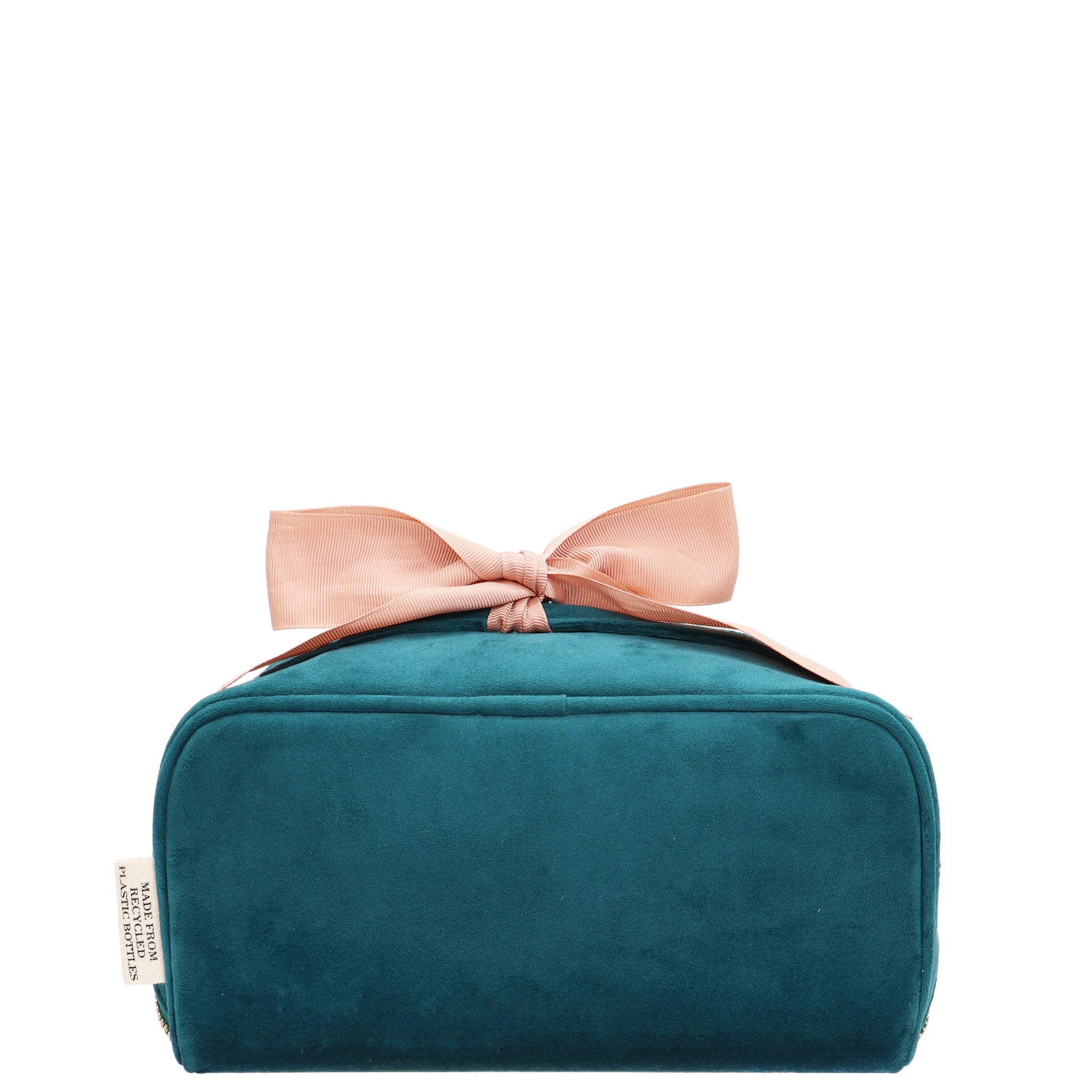 Accordion Box Makeup & Toiletry – Eco Velvet – Aqua Teal with soft eco velvet fabric, oversized pink bow, and spacious compartments by Bag-all.