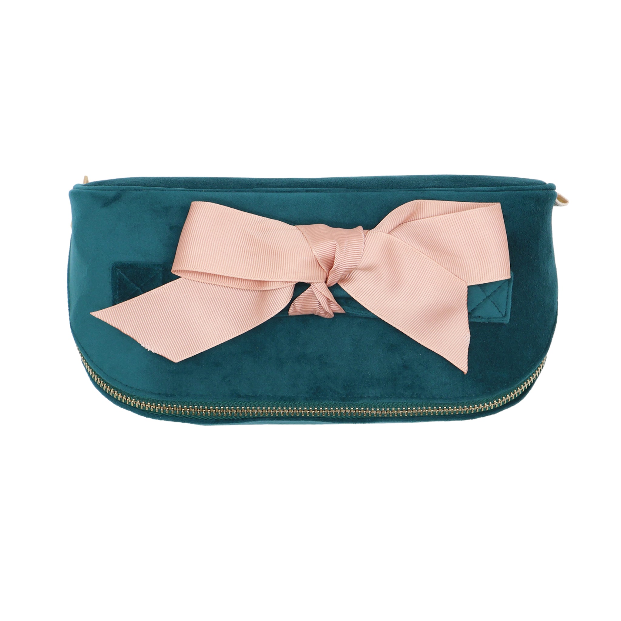 Accordion Box Makeup & Toiletry – Eco Velvet – Aqua Teal with soft velvet fabric, oversized pink bow, gold zipper for chic personalized travel organization by Bag-all.
