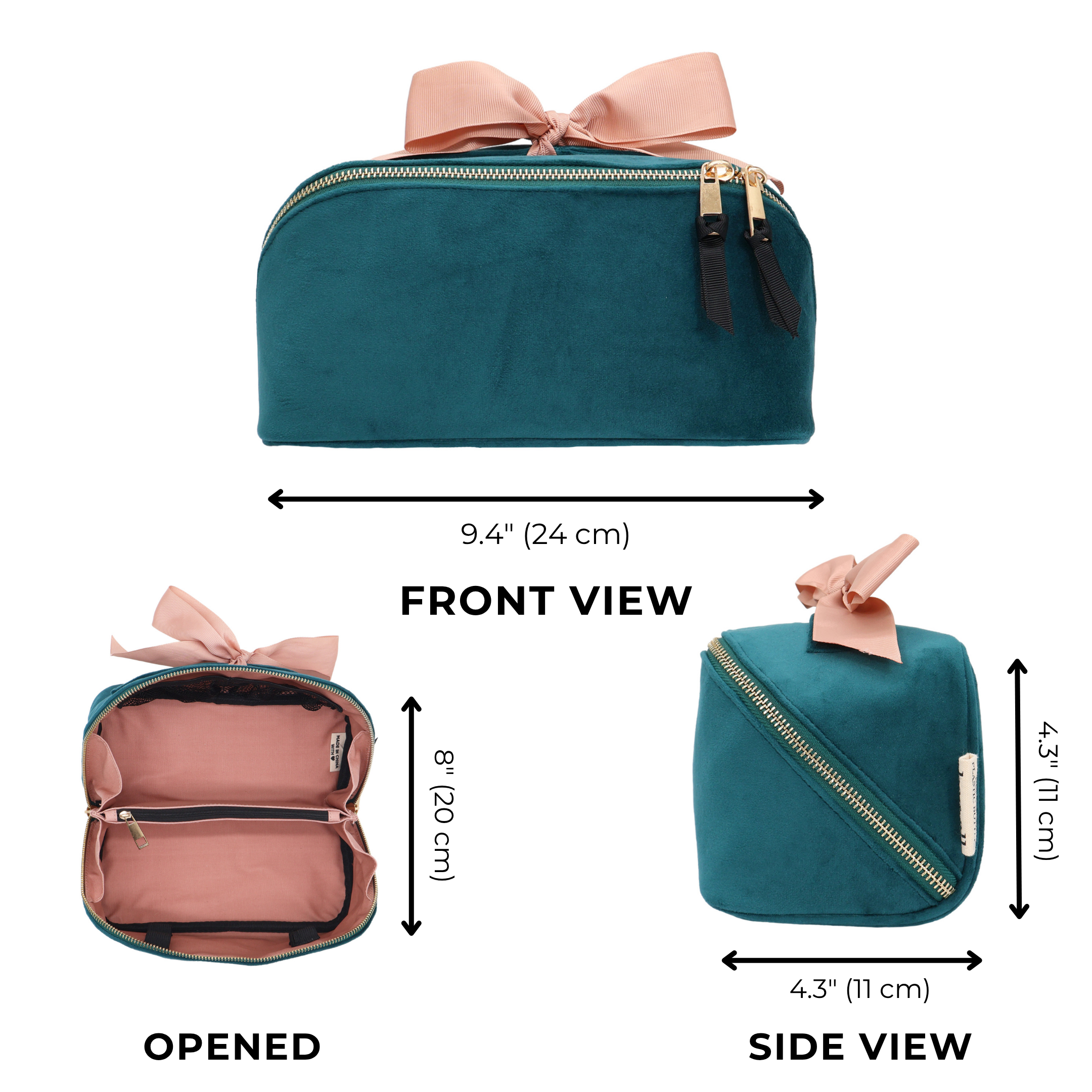 Accordion Box Makeup & Toiletry – Eco Velvet – Aqua Teal with soft velvet finish, gold zippers, pink bow, spacious compartments for travel organization by Bag-all.
