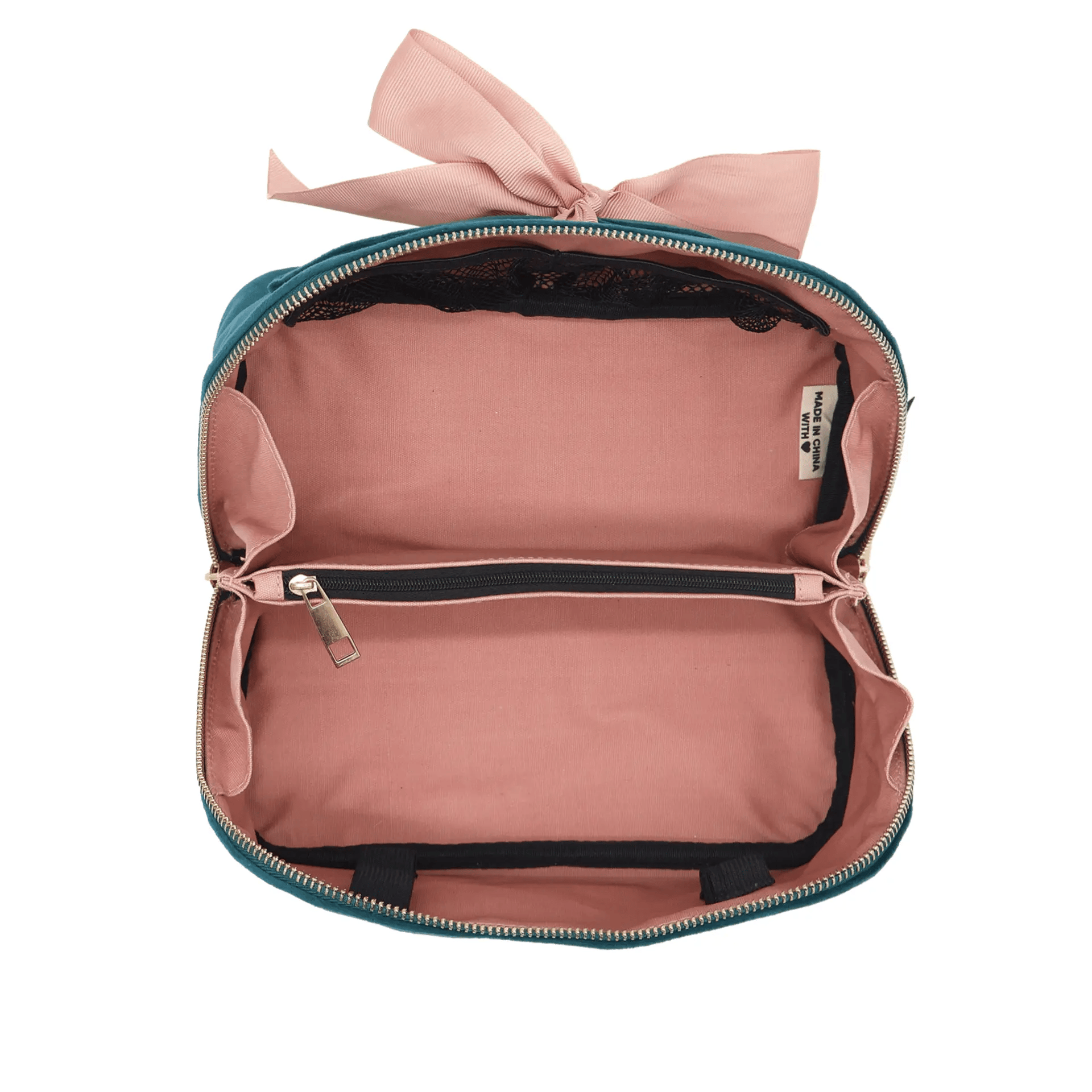 Accordion Box Makeup & Toiletry – Eco Velvet – Aqua Teal featuring spacious pink interior, zippered pocket, and organized compartments by Bag-all Paris-designed travel accessory.