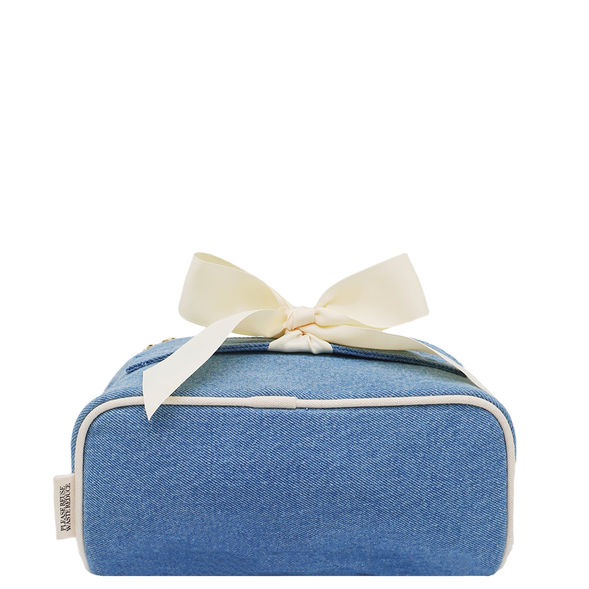Bag-all Accordion Box Makeup & Toiletry in denim with gold zipper and ribbon, stylish organizer for travel or home use.