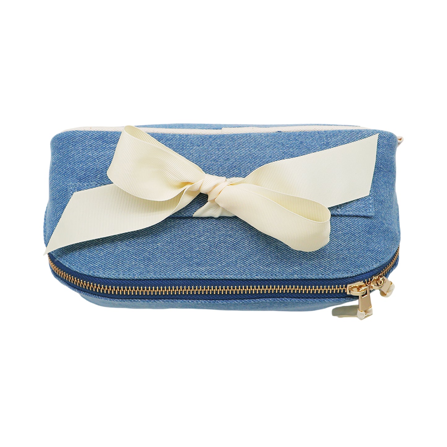Bag-all Accordion Box Makeup & Toiletry in denim with gold zipper and cream grosgrain ribbon for stylish organization