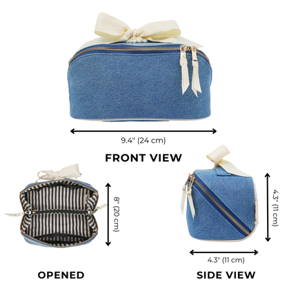 Bag-all Accordion Box makeup and toiletry organizer in denim with gold zipper and striped inner lining for stylish storage