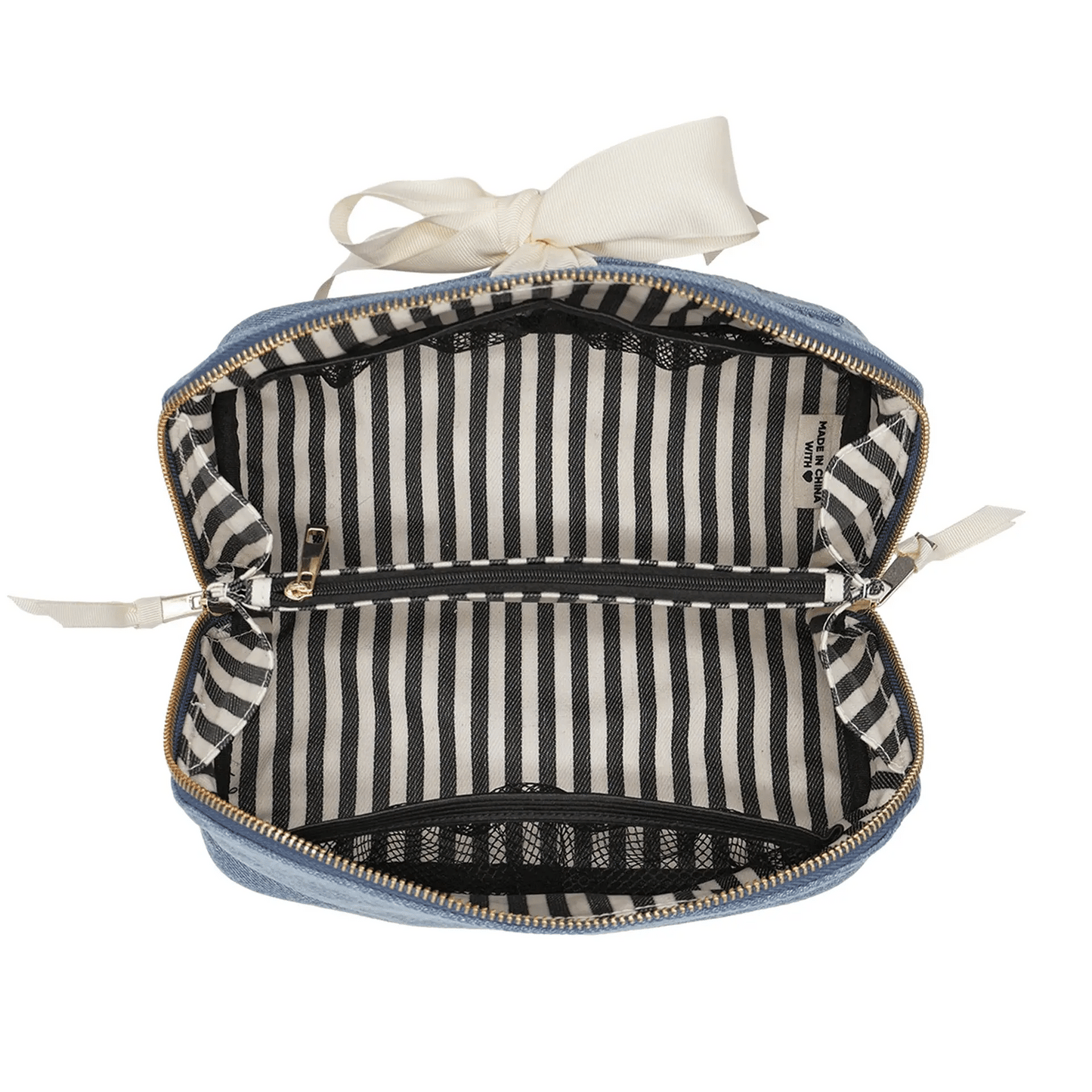 Bag-all Accordion Box Makeup & Toiletry with denim exterior and striped inner lining, gold zipper, and durable ribbon detail