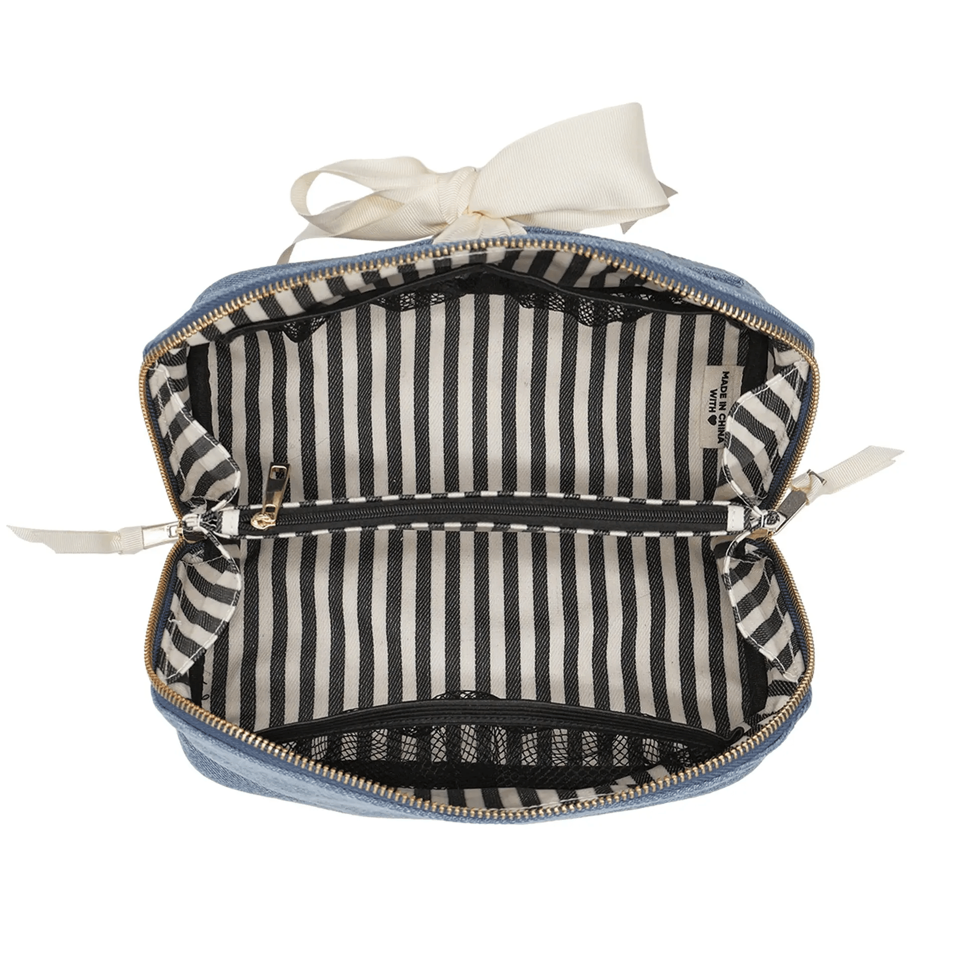 Bag-all Accordion Box Makeup & Toiletry with denim exterior and striped inner lining, gold zipper, and durable ribbon detail