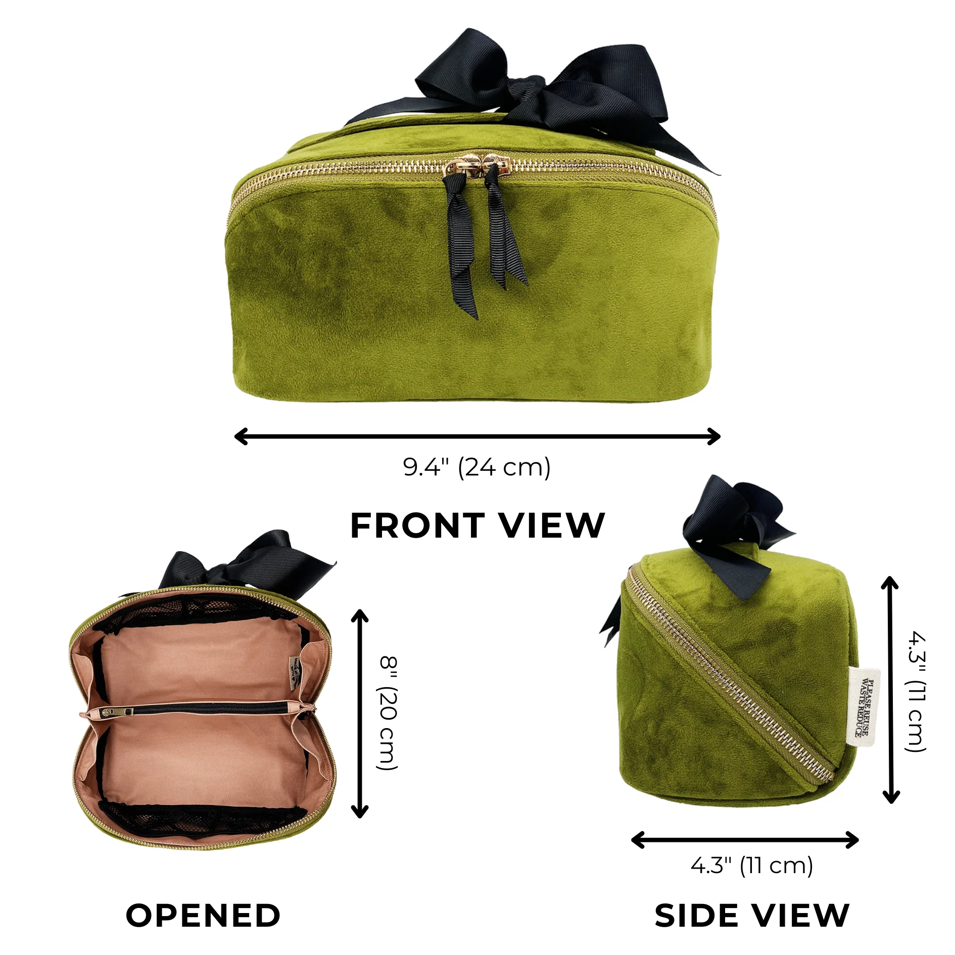 Accordion Box Makeup & Toiletry Green Velvet by Bag-all with velvet, gold zipper, and pink lining, perfect for stylish organization.