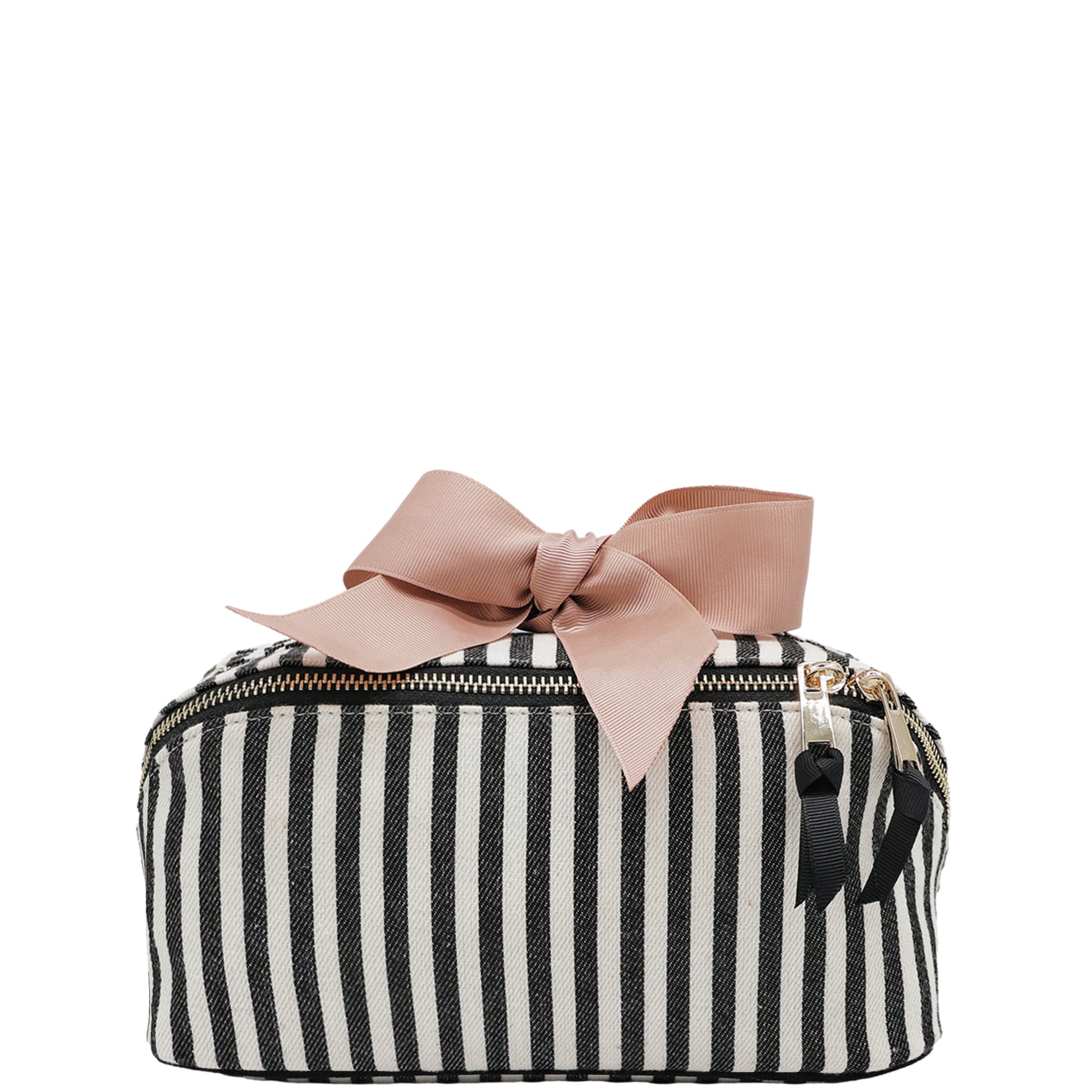 Bag-all striped Accordion Box makeup and toiletry organizer with gold zipper and pink ribbon bow on white background