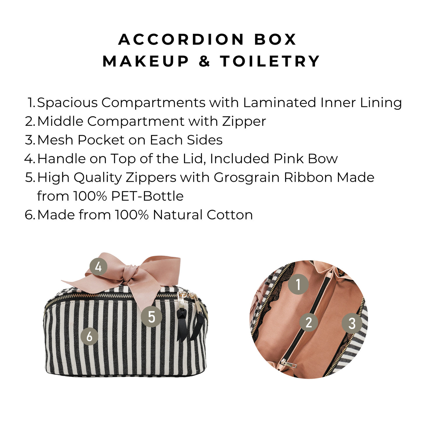 Bag-all Accordion Box striped makeup and toiletry organizer with pink bow, durable cotton, multiple compartments, and gold zipper detail