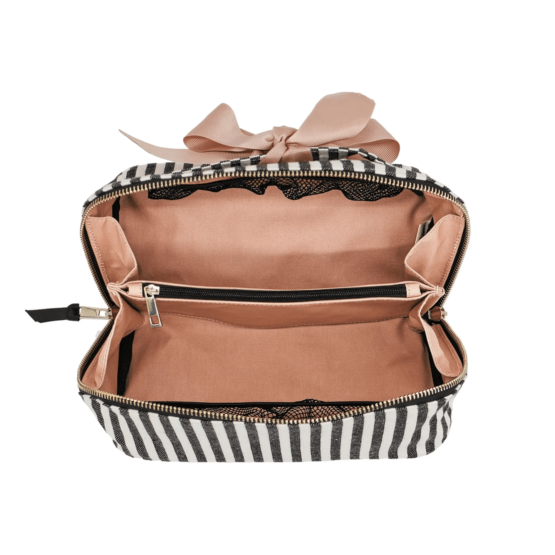 Open striped Accordion Box with pink interior and gold zipper, stylish Bag-all makeup and toiletry organizer