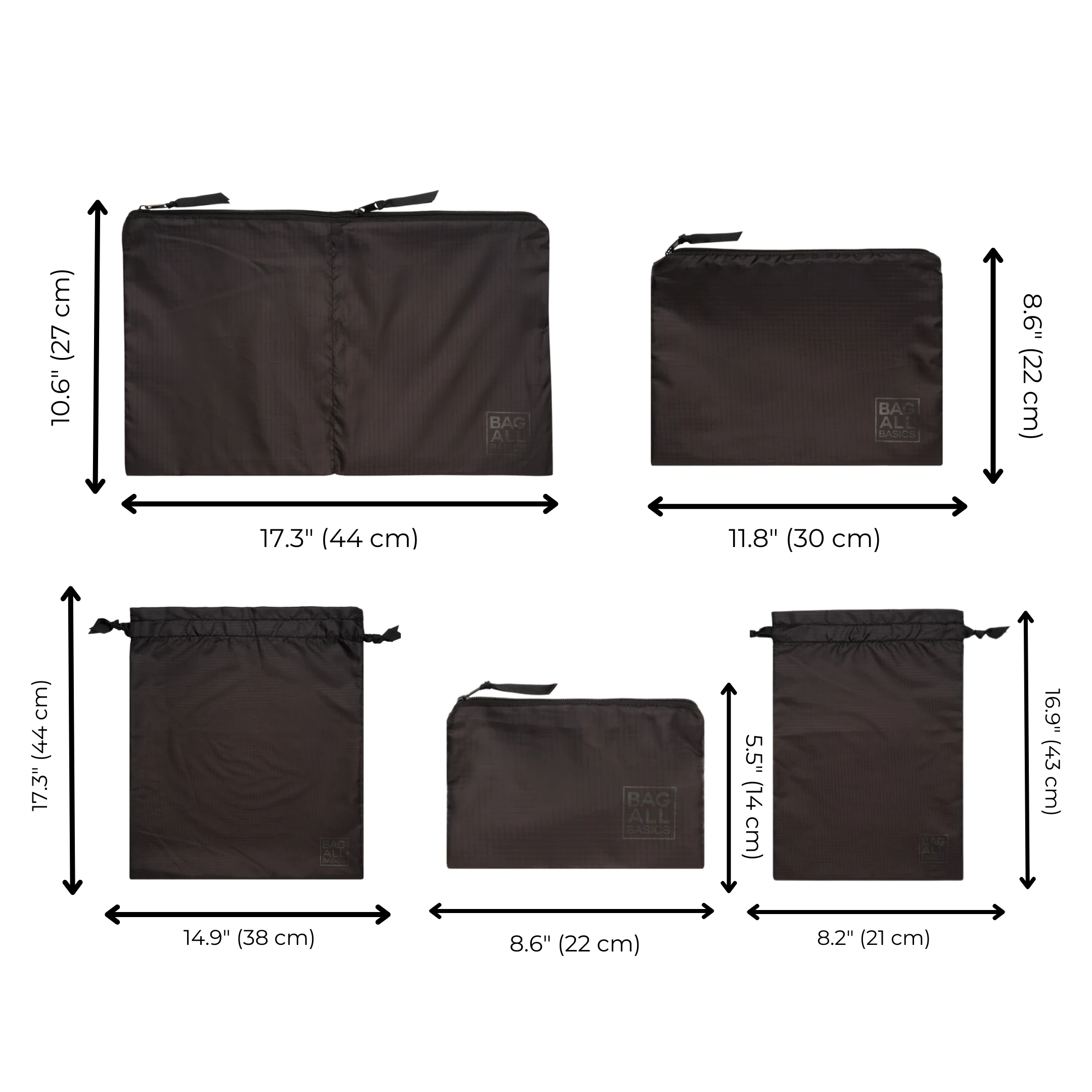 Bag-all Recycled Nylon Packing Bags Set in black featuring 5 different sizes: large double case, medium case, small case, and two drawstring bags with detailed measurements for organized travel