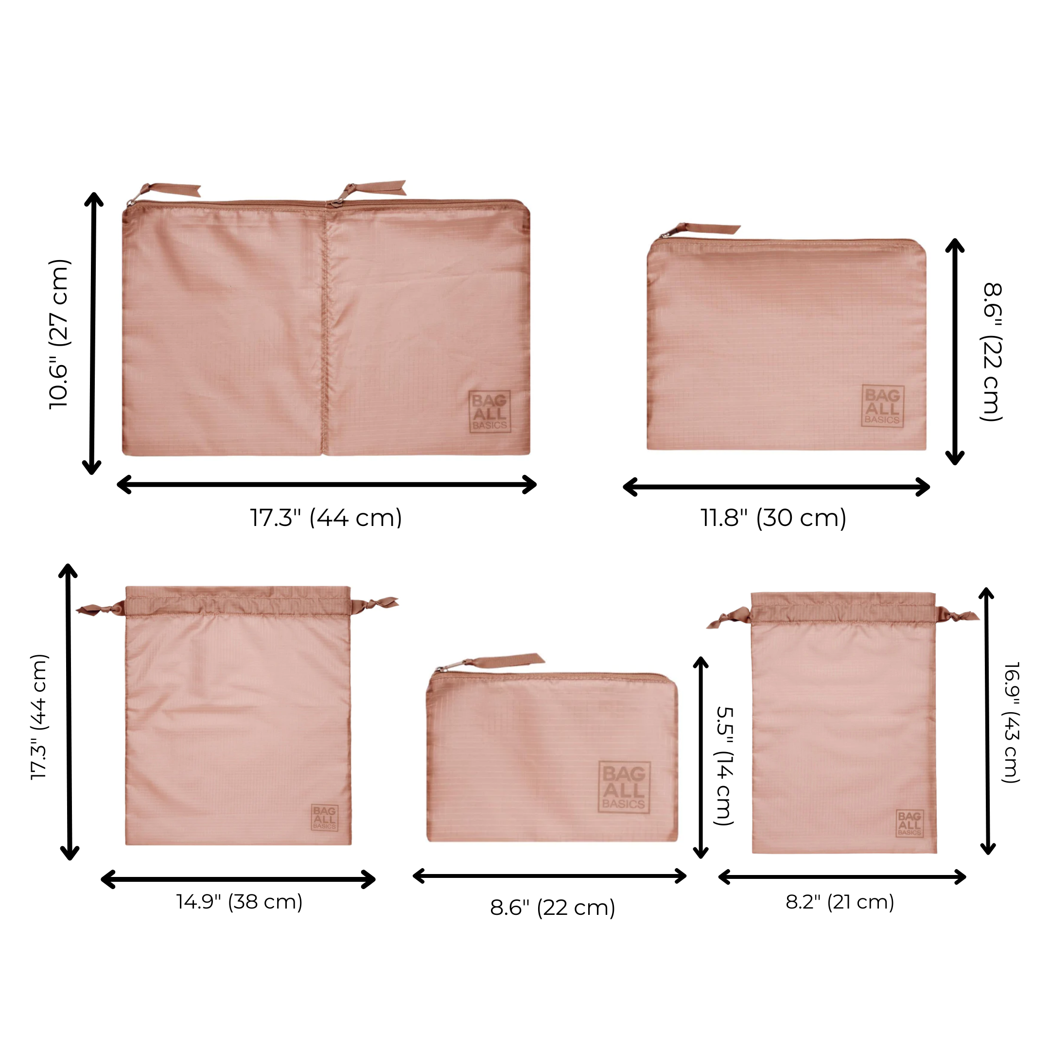 Bag-all Packing Bags Set in recycled nylon, 5-pack in pink/blush color displaying various sizes of organizing bags with measurements, made from eco-friendly repurposed materials