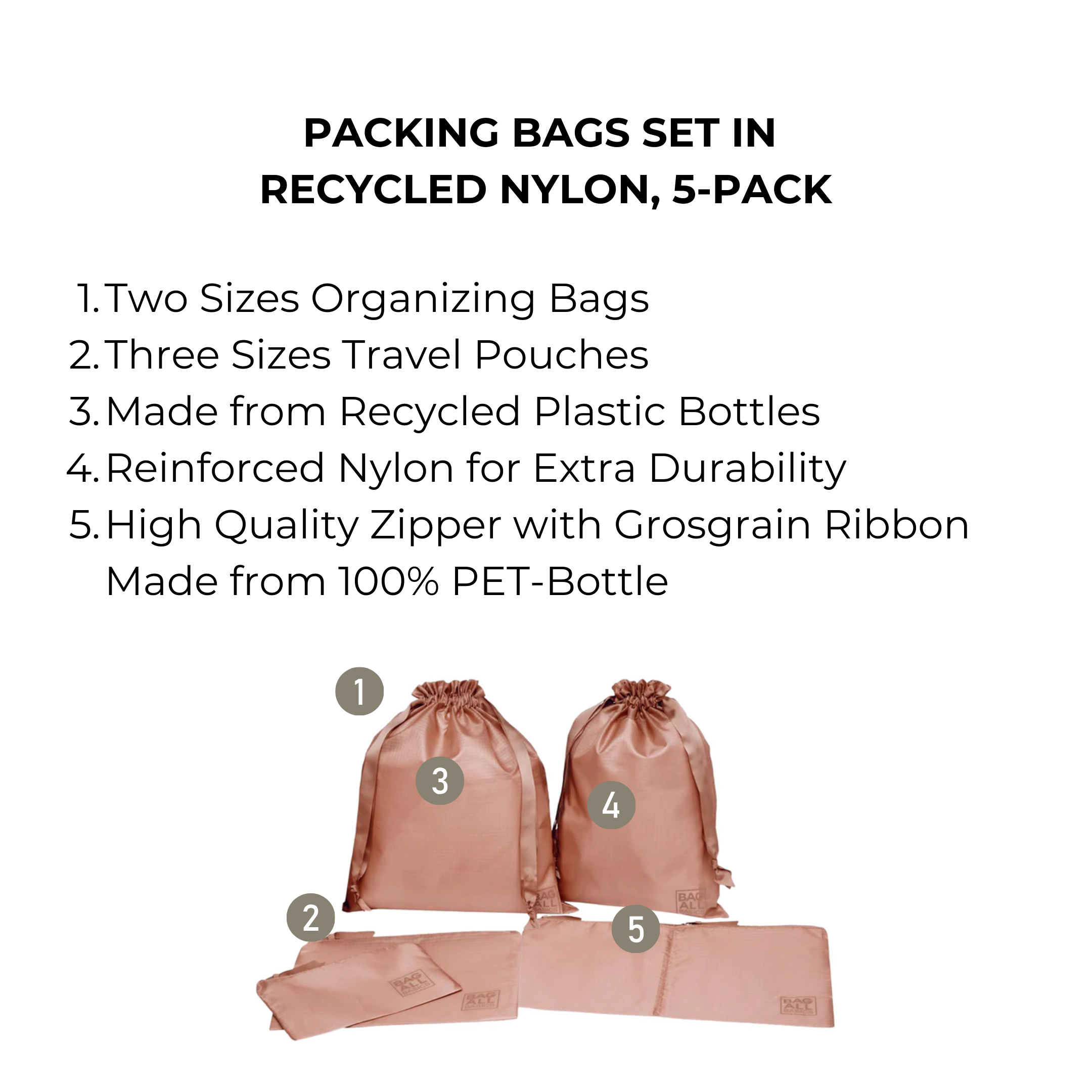 Packing Bags Set in Recycled Nylon, 5-pack, Pink/Blush | Bag-all