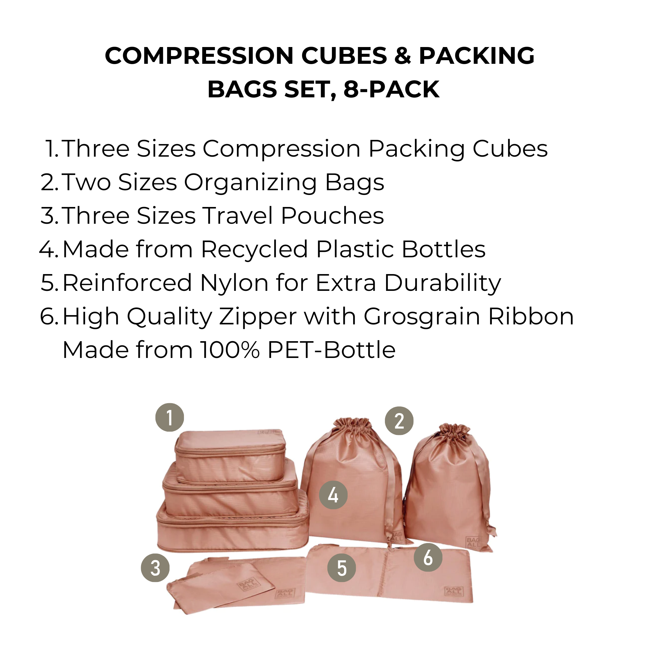 Bag-all Compression Cubes & Packing Bags Set in pink/blush featuring 8 eco-friendly travel organizers - 3 compression cubes, 2 organizing bags, and 3 pouches made from recycled nylon with durable PET zippers