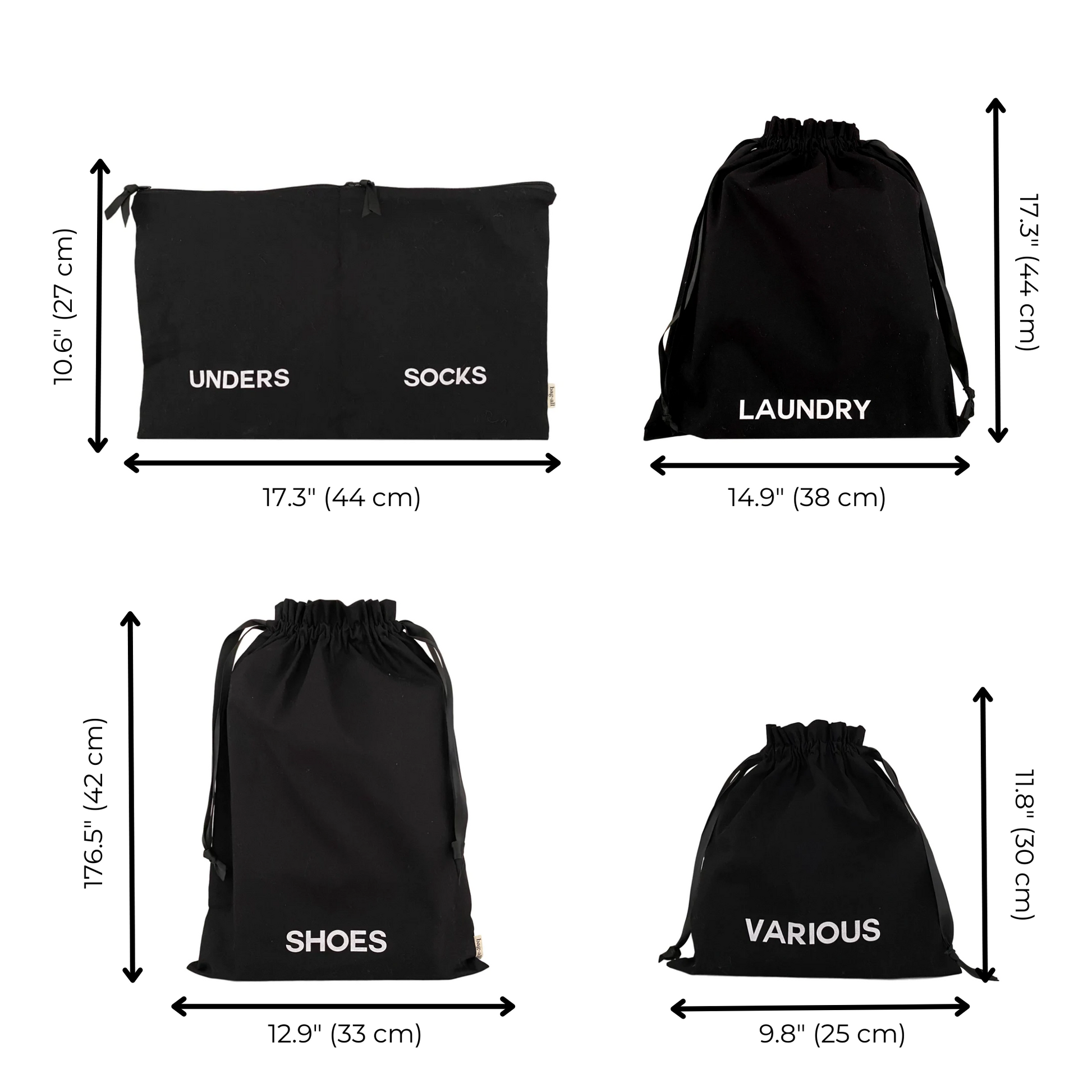 Bag-all BA Travel Set, 8-Pack in Black with dimensions. Includes laundry, shoe, socks, unders, and various pouches for organized travel