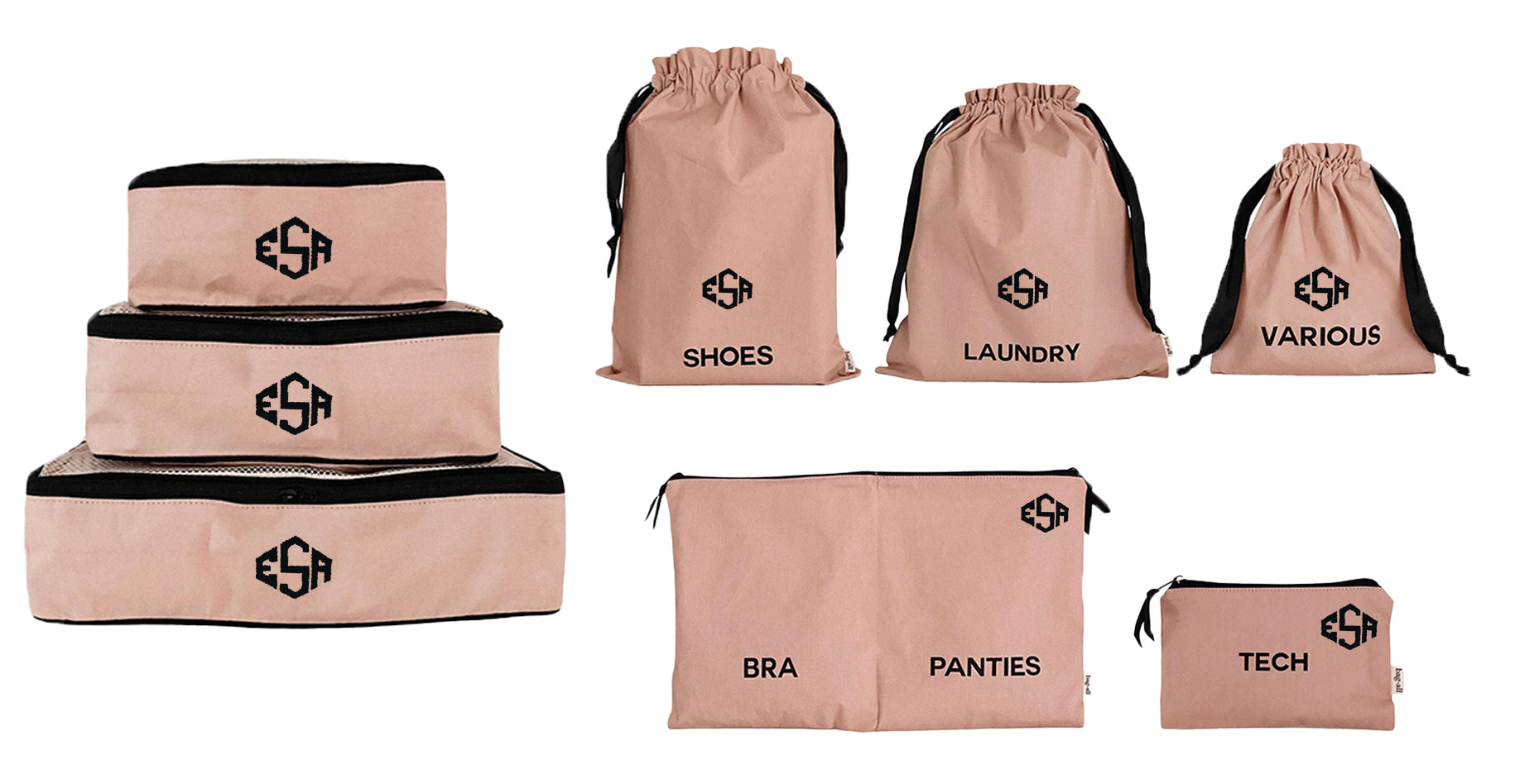 Set of pink Bag-all packing cubes and drawstring bags labeled shoes, laundry, various, bra, panties, and tech gallery position 1