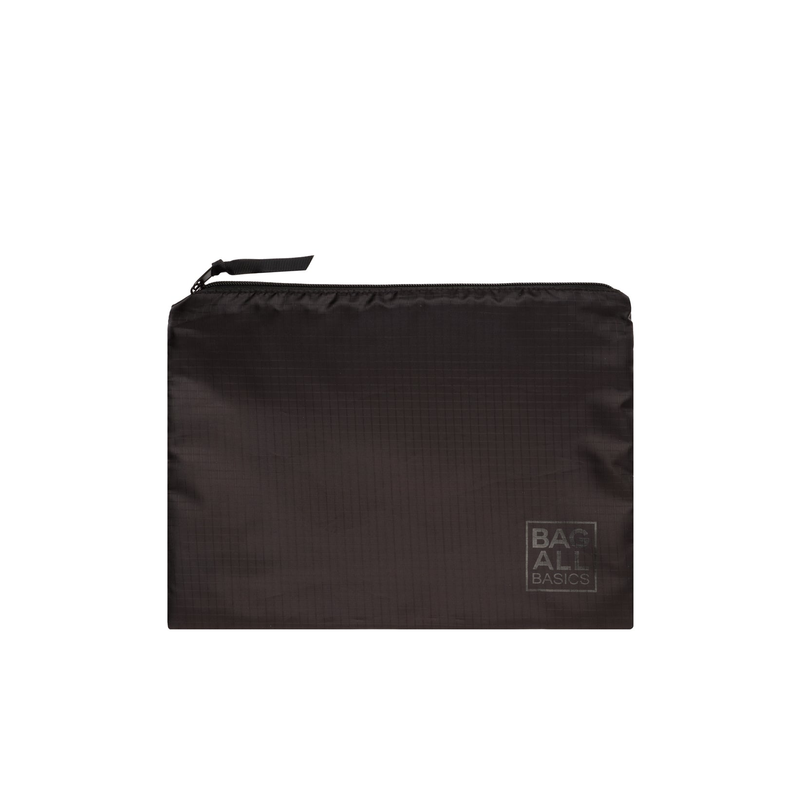 Bag-all recycled nylon packing bag in black with zipper closure, part of the 5-pack travel organizer set featuring eco-friendly design and subtle brand logo