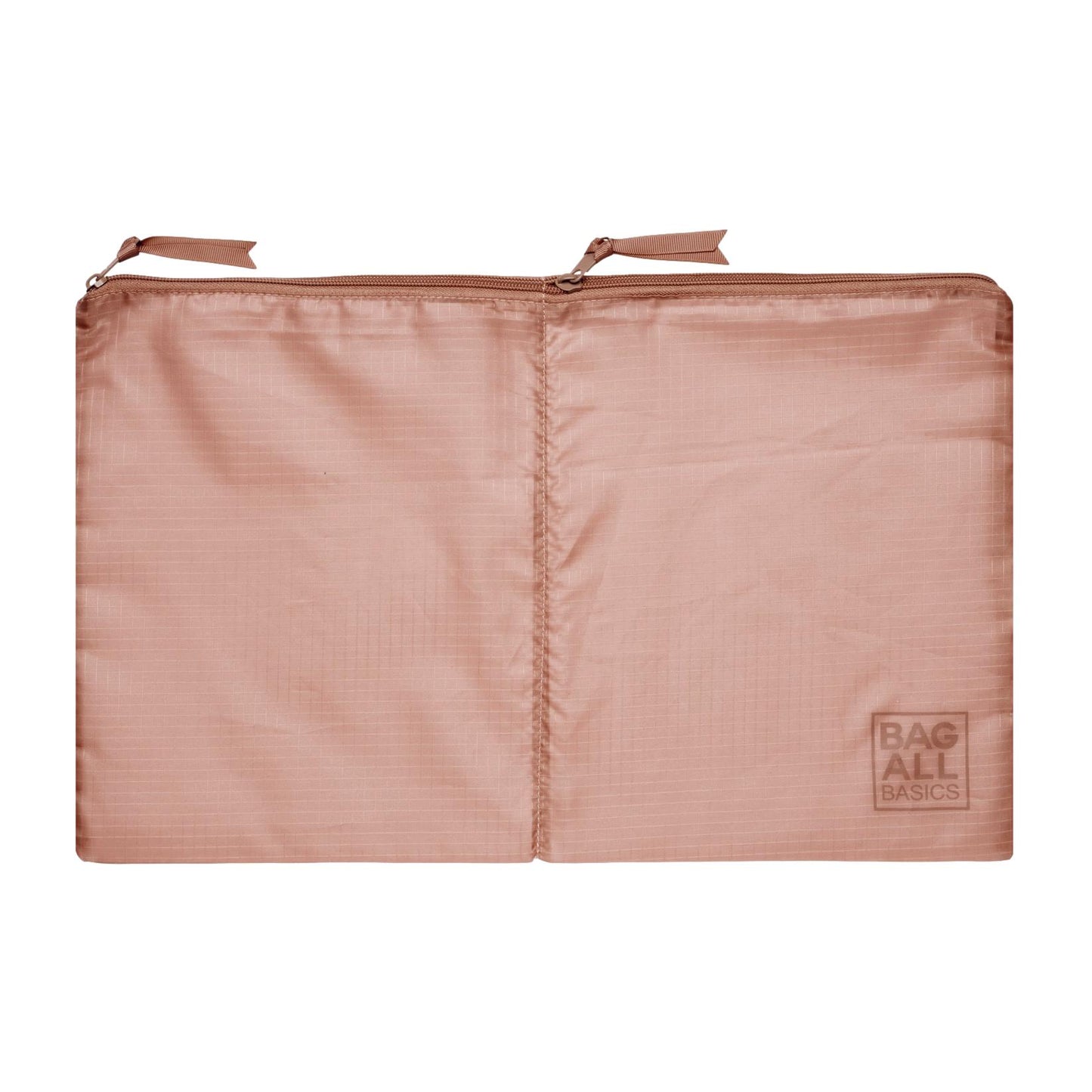 Bag-all Packing Bags Set in recycled pink nylon featuring double compartment design, part of sustainable 5-pack travel organizer collection made from repurposed plastic bottles