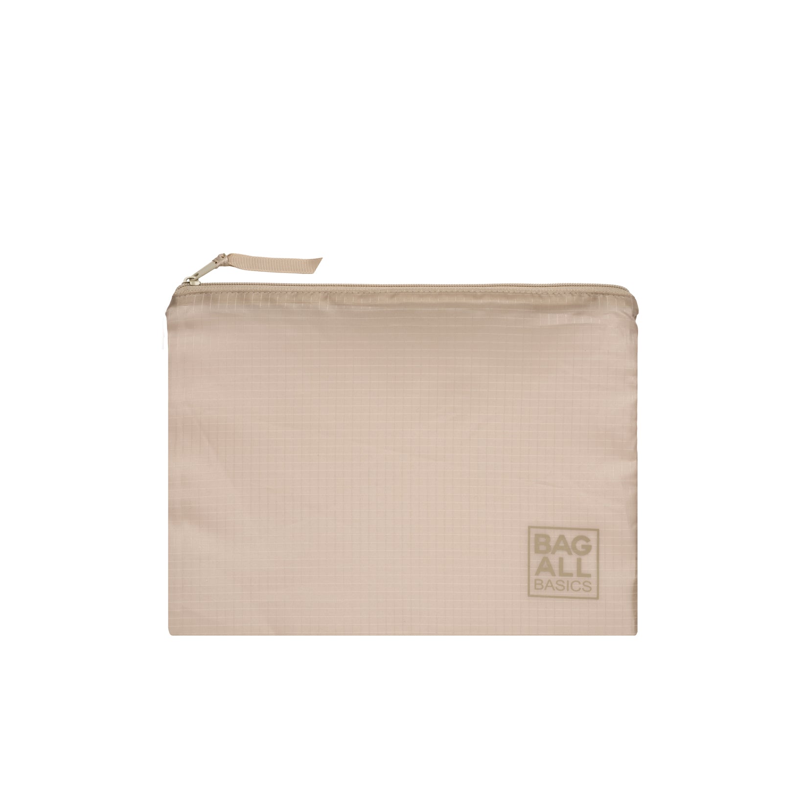 Bag-all Compression Cubes & Packing Bags Set in taupe, eco-friendly recycled nylon travel organizer with zippered closure and brand logo detail