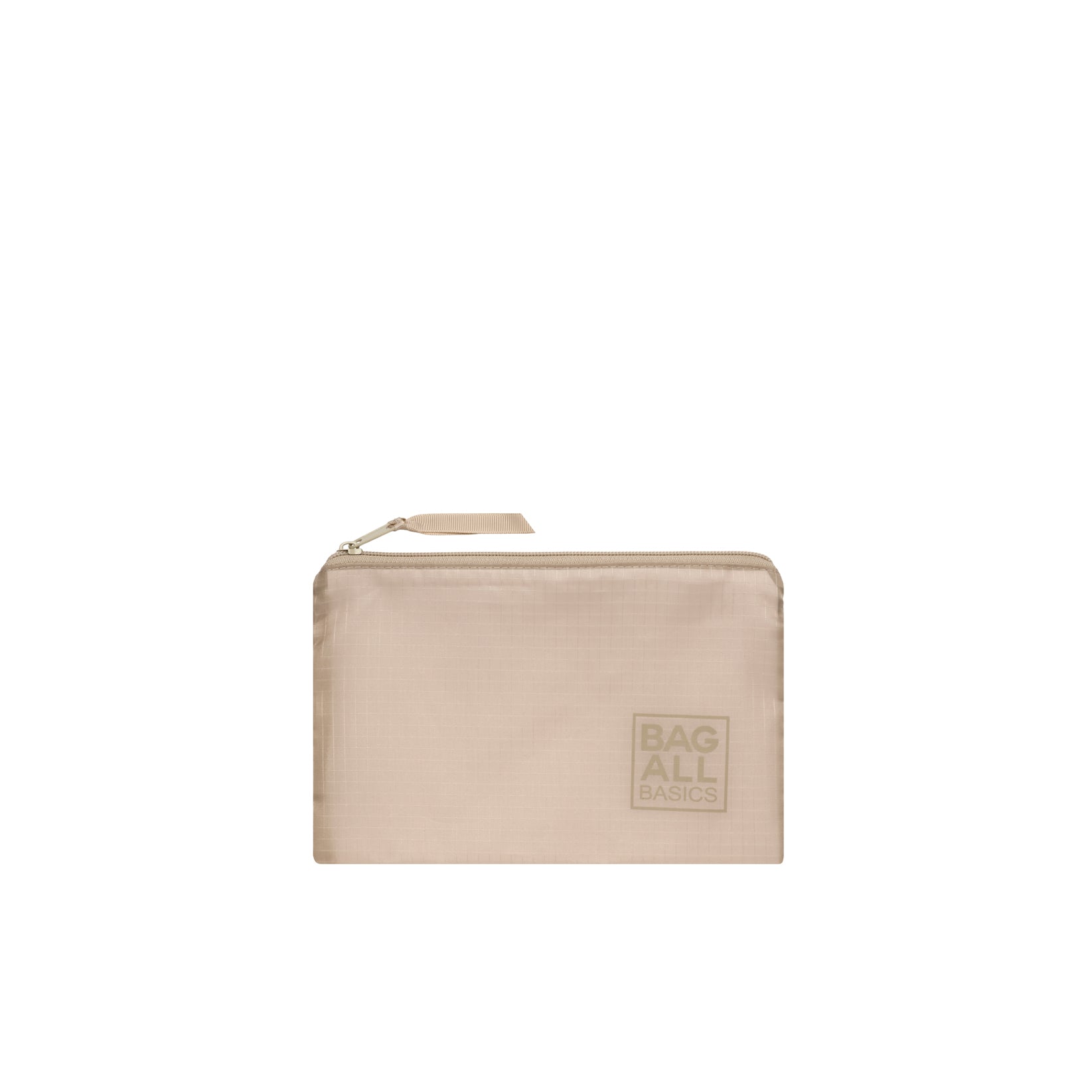 Bag-all Compression Cube in taupe recycled nylon with zip closure and embossed logo, part of 8-pack travel organizer set for efficient packing