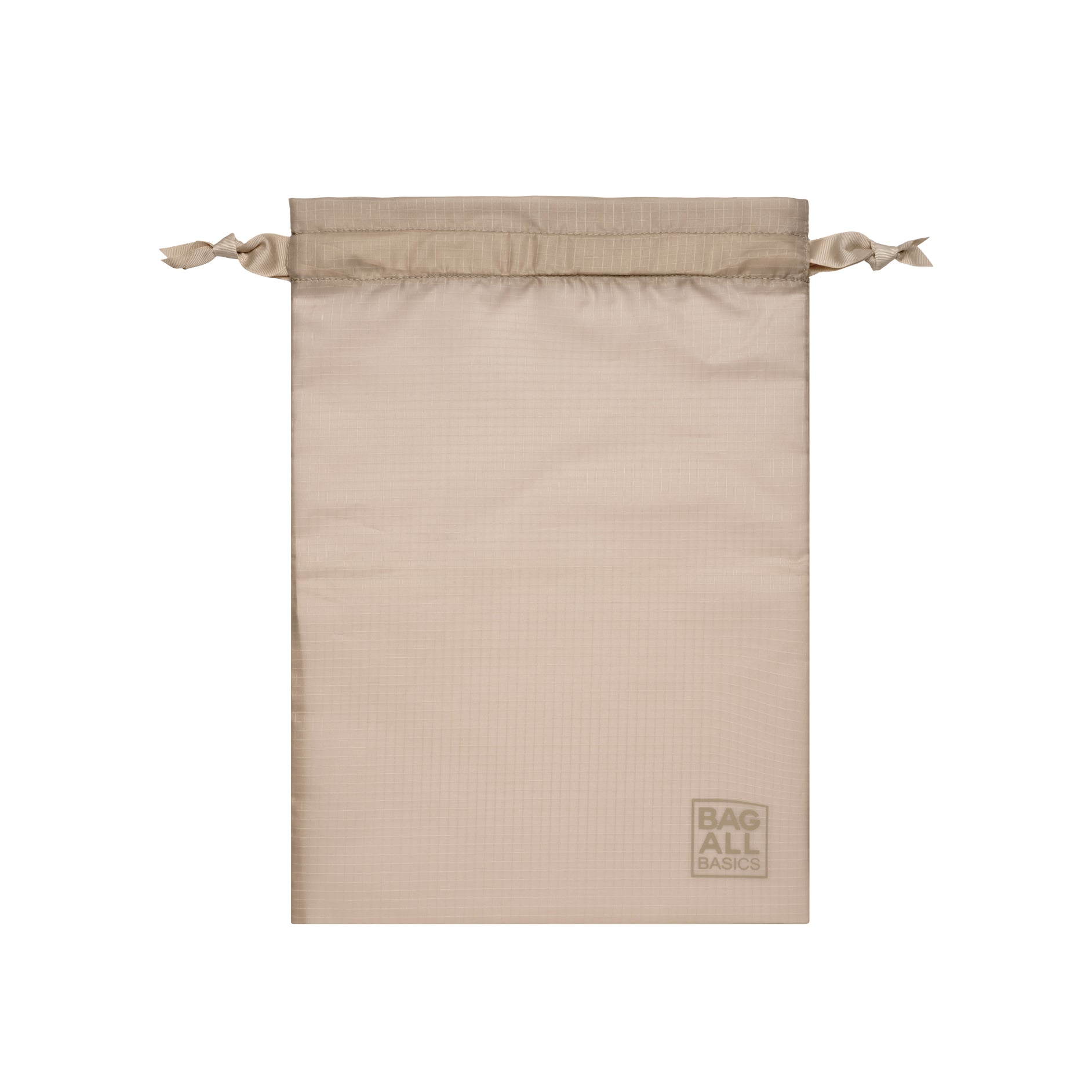 Bag-all Compression Cube & Packing Bag in taupe recycled nylon with drawstring closure and brand logo, part of 8-piece travel organization set