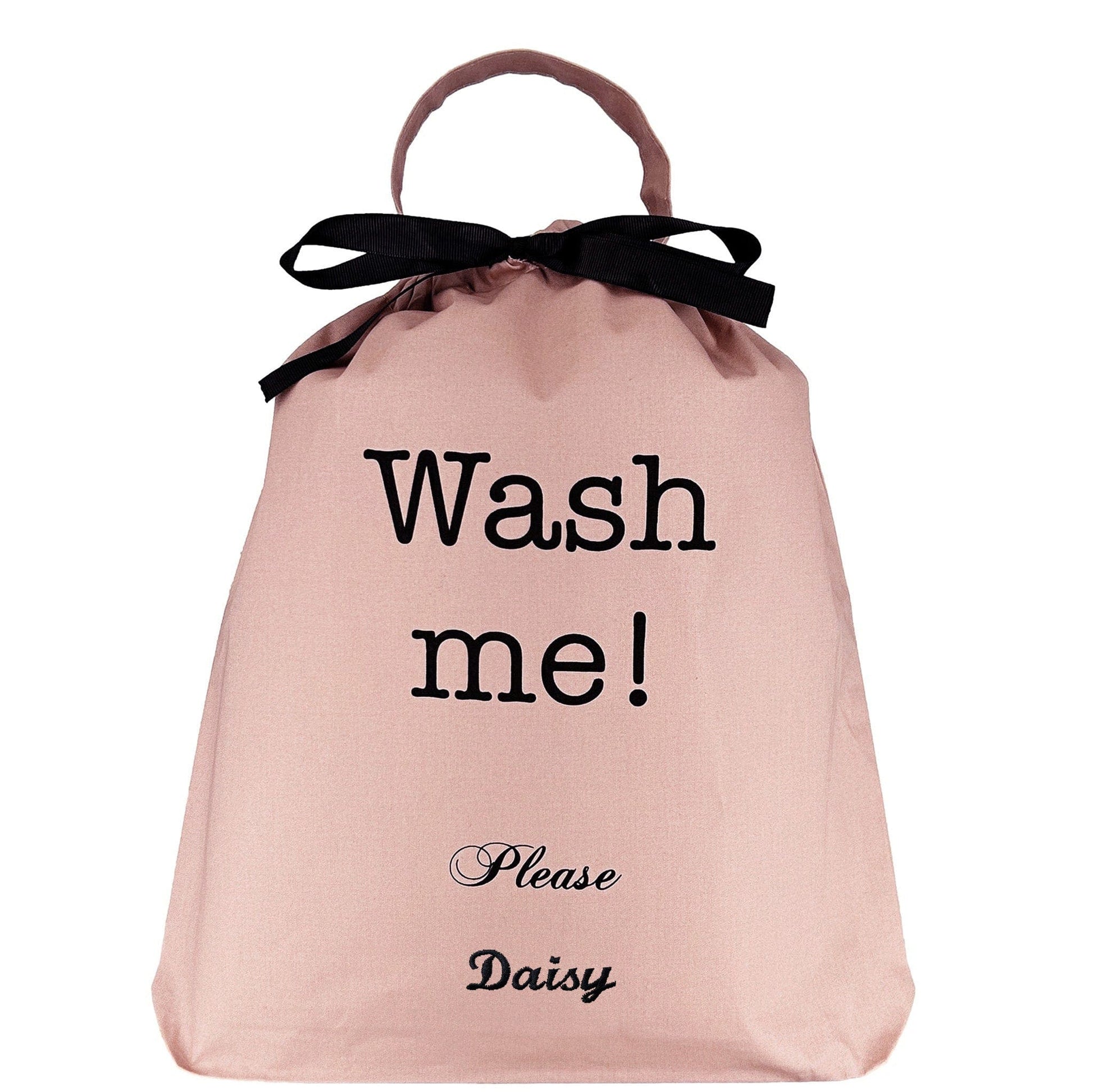 Bag-all Ultimate Gift Set - Pink cotton laundry bag with black bow and 'Wash me!' text, featuring personalized 'Please Daisy' message in elegant script font